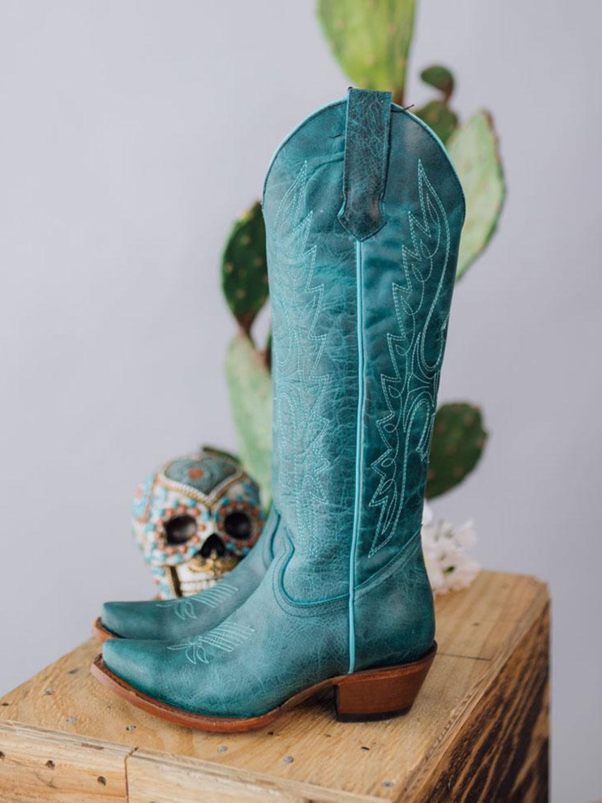 Distressed Turquoise Eagle Embroidery Snip-Toe Half-Zip Cowgirl Knee High Tall Boots