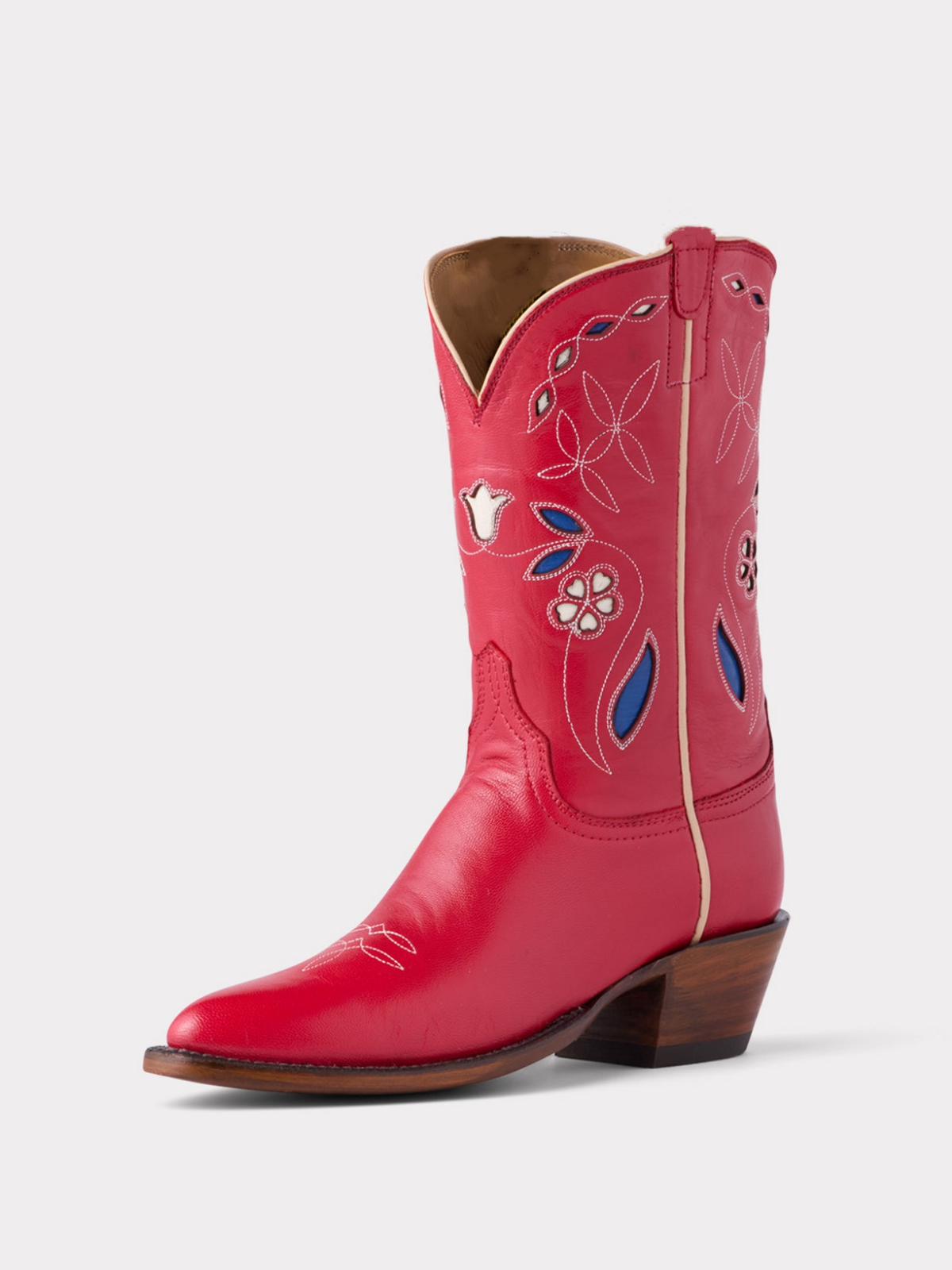 Cherry Red Pointed-Toe Embroidery Floral Inlay Wide Mid Calf Cowgirl Boots