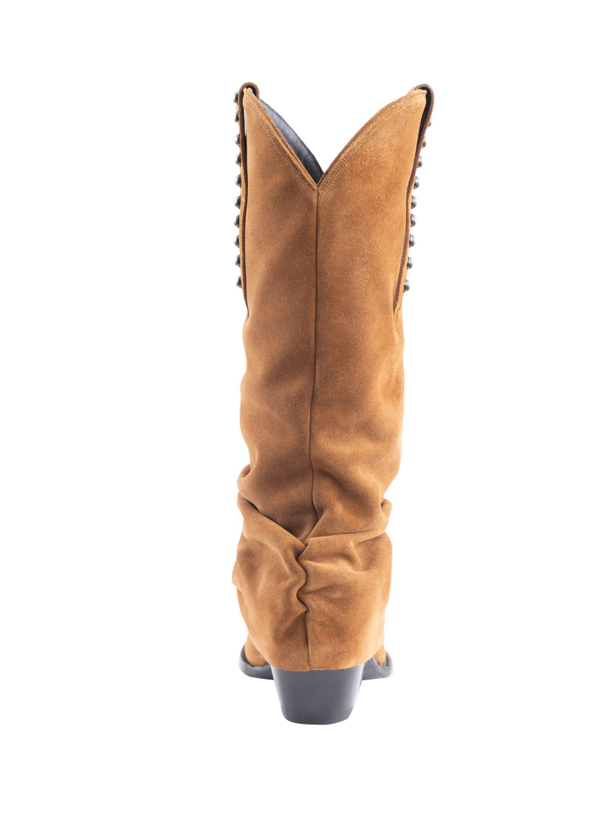 Tan Faux Suede Snip-Toe Studded Tall Wide Mid Calf Fold-Over Slouch Cowgirl Boots