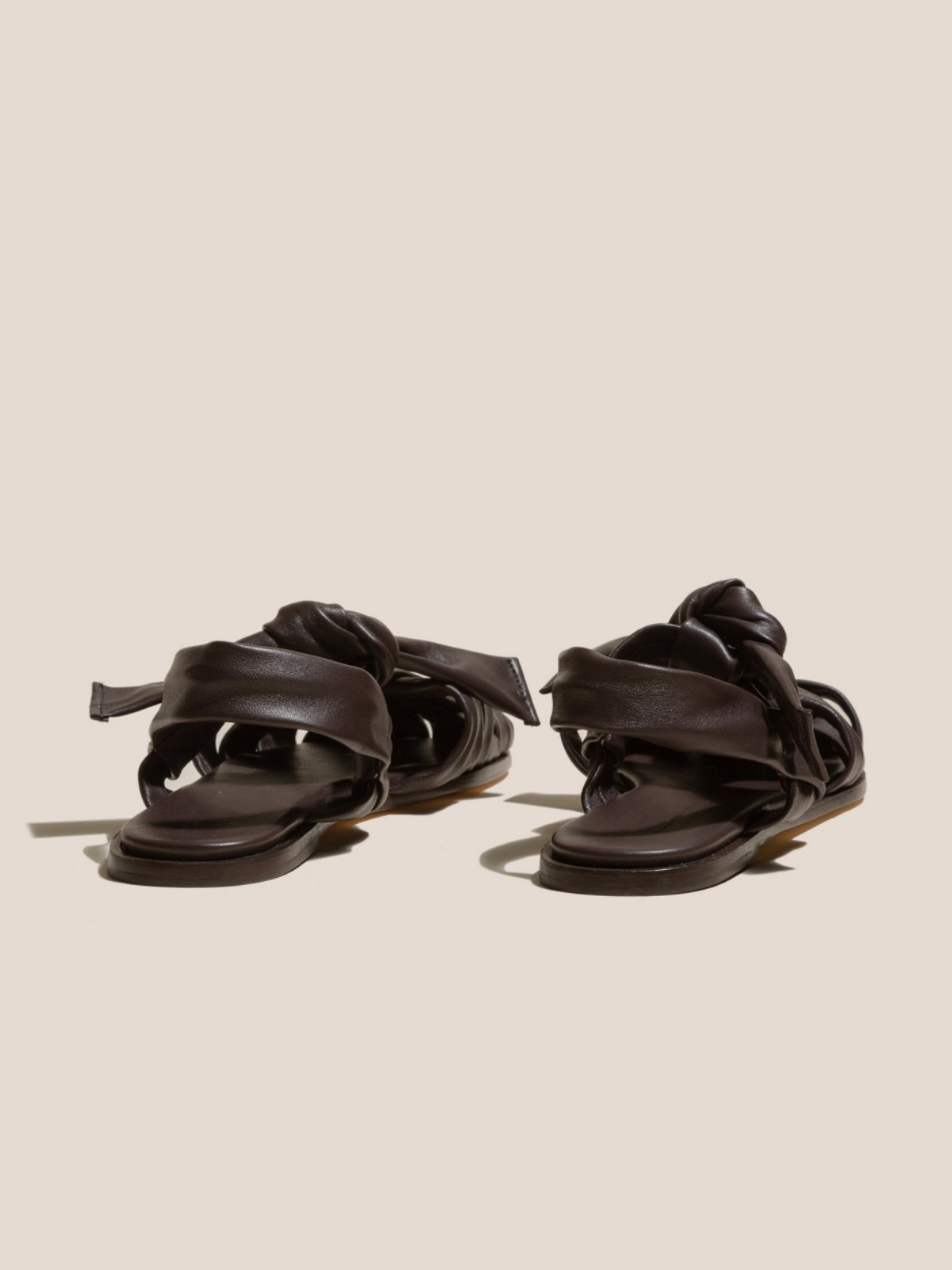 Chocolate Interwoven Square-Toe Flats Sandals With T-Strap Knotted Bow