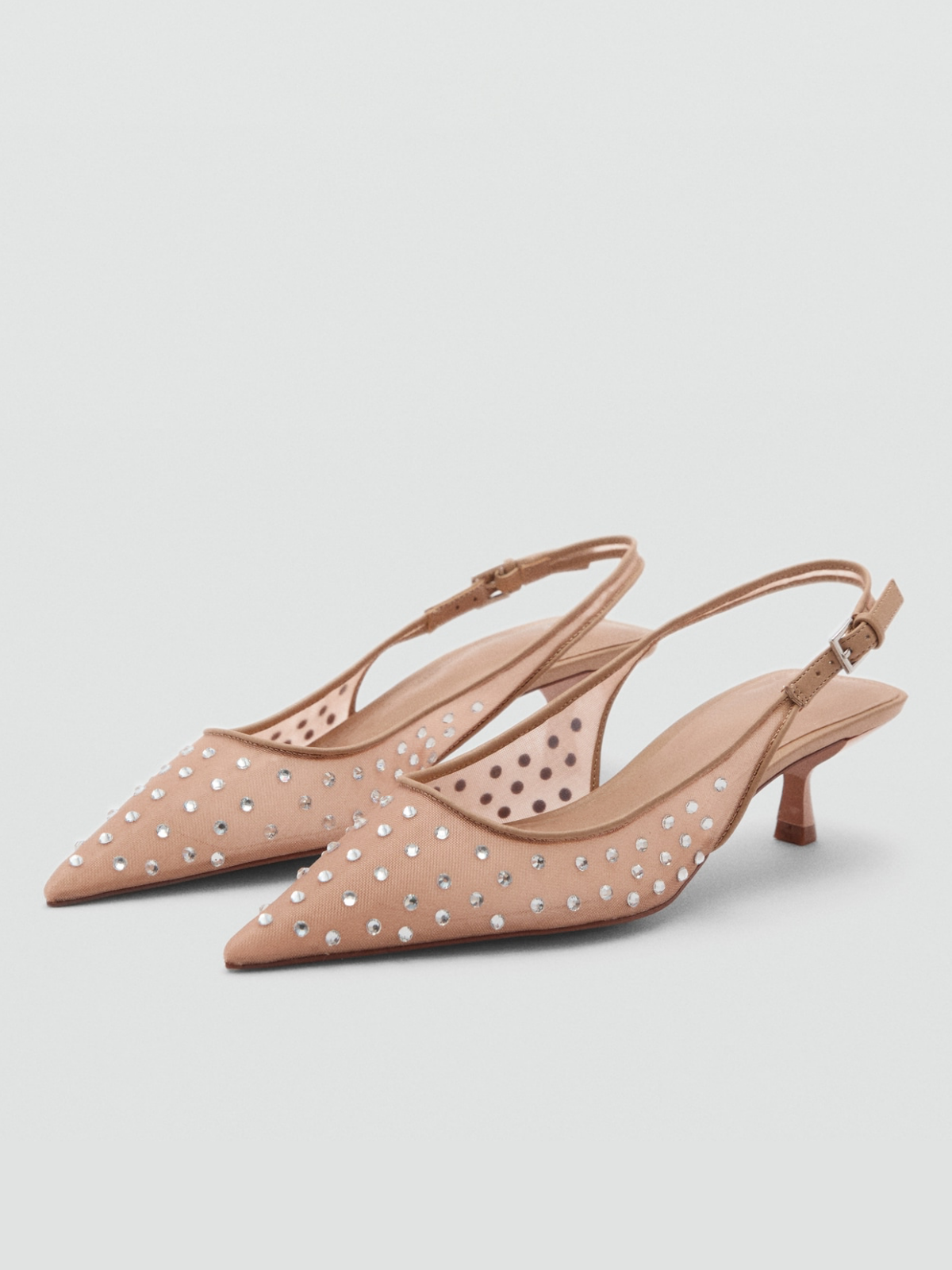 Beige Pointed-Toe Rhinestone Slingback Buckle Mesh Kitten Heels