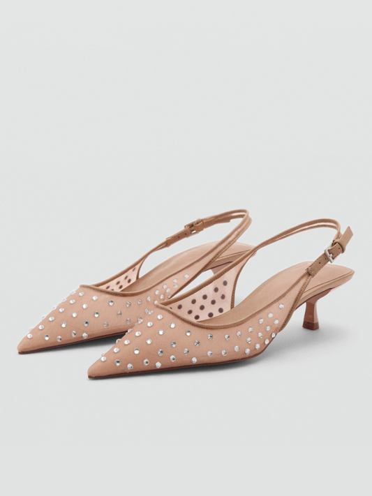 Beige Pointed-Toe Rhinestone Slingback Buckle Mesh Kitten Heels