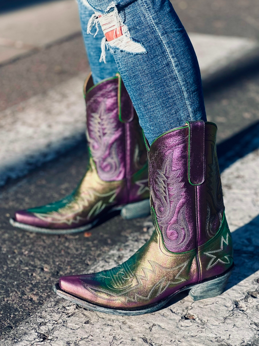 Metallic Iridescent Snip-Toe Embroidery Wide Mid Calf Cowgirl Boots