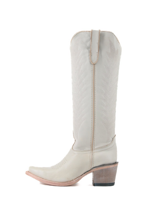 Ivory Snip-Toe Half-Zip Classic Embroidery Knee High Tall Cowgirl Boots
