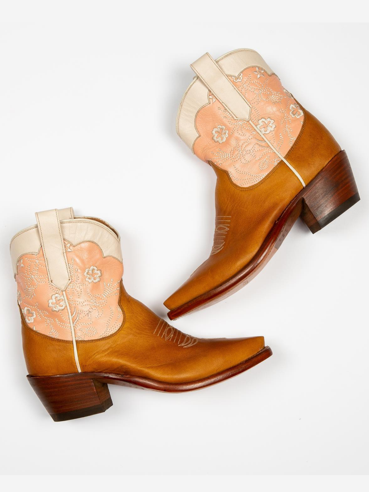 Contrast Tri-Color Snip-Toe Cowgirl Ankle Booties With White Floral Embroidery