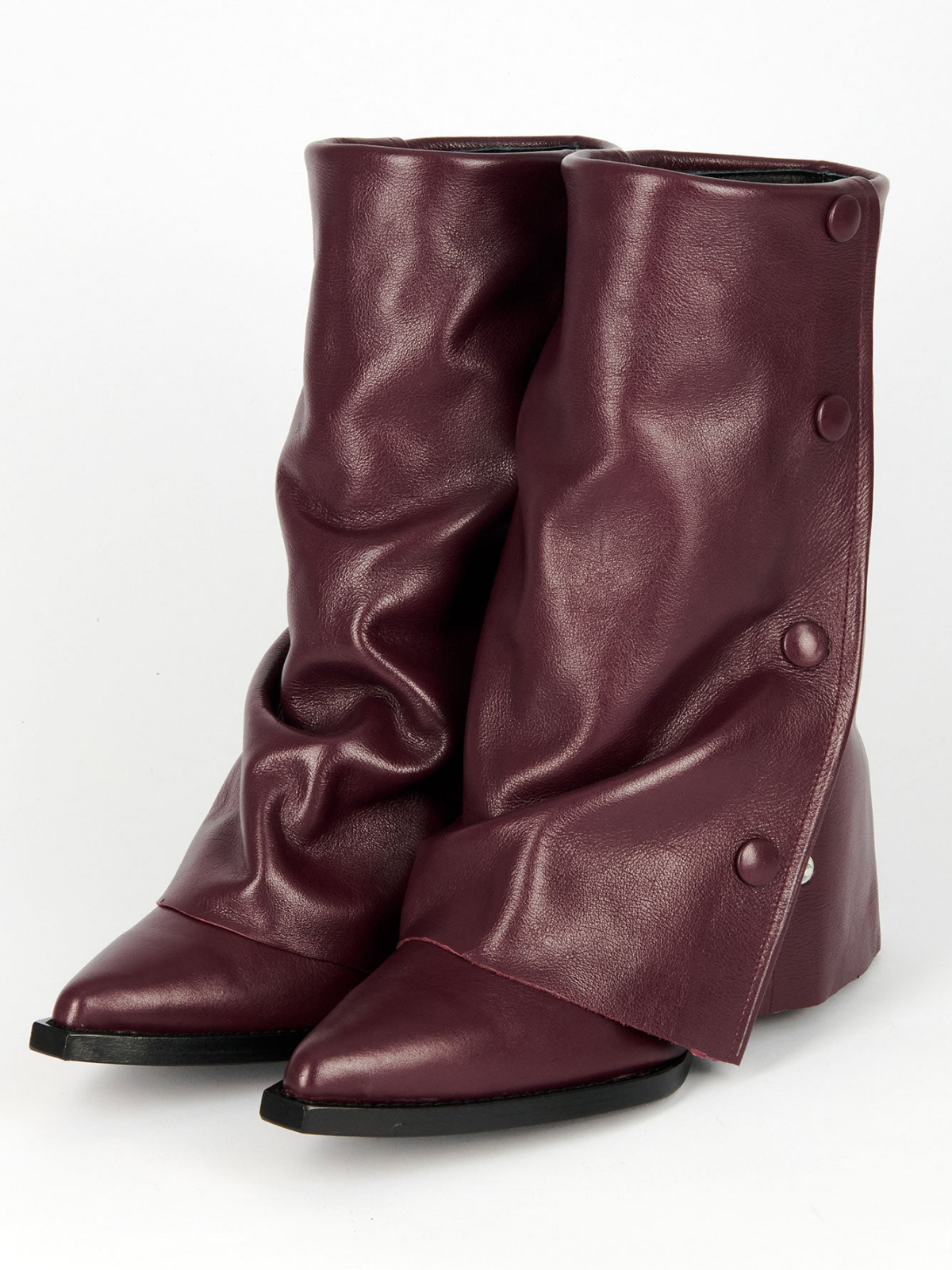 Burgundy Snip-Toe Fold-Over Snapped Panel Wide Mid Calf Boots