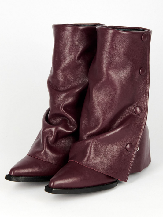 Burgundy Snip-Toe Fold-Over Snapped Panel Wide Mid Calf Boots