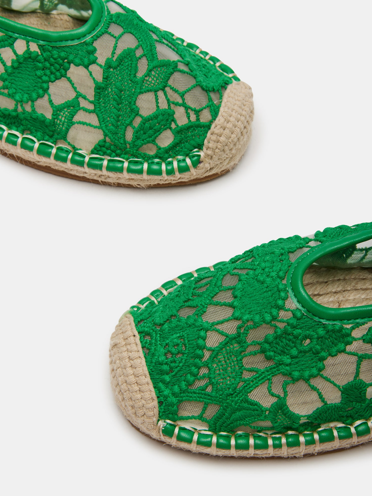 Green Round-Toe Bridge Strap Side Buckle Lace Mesh Mary Janes Espadrille Flats