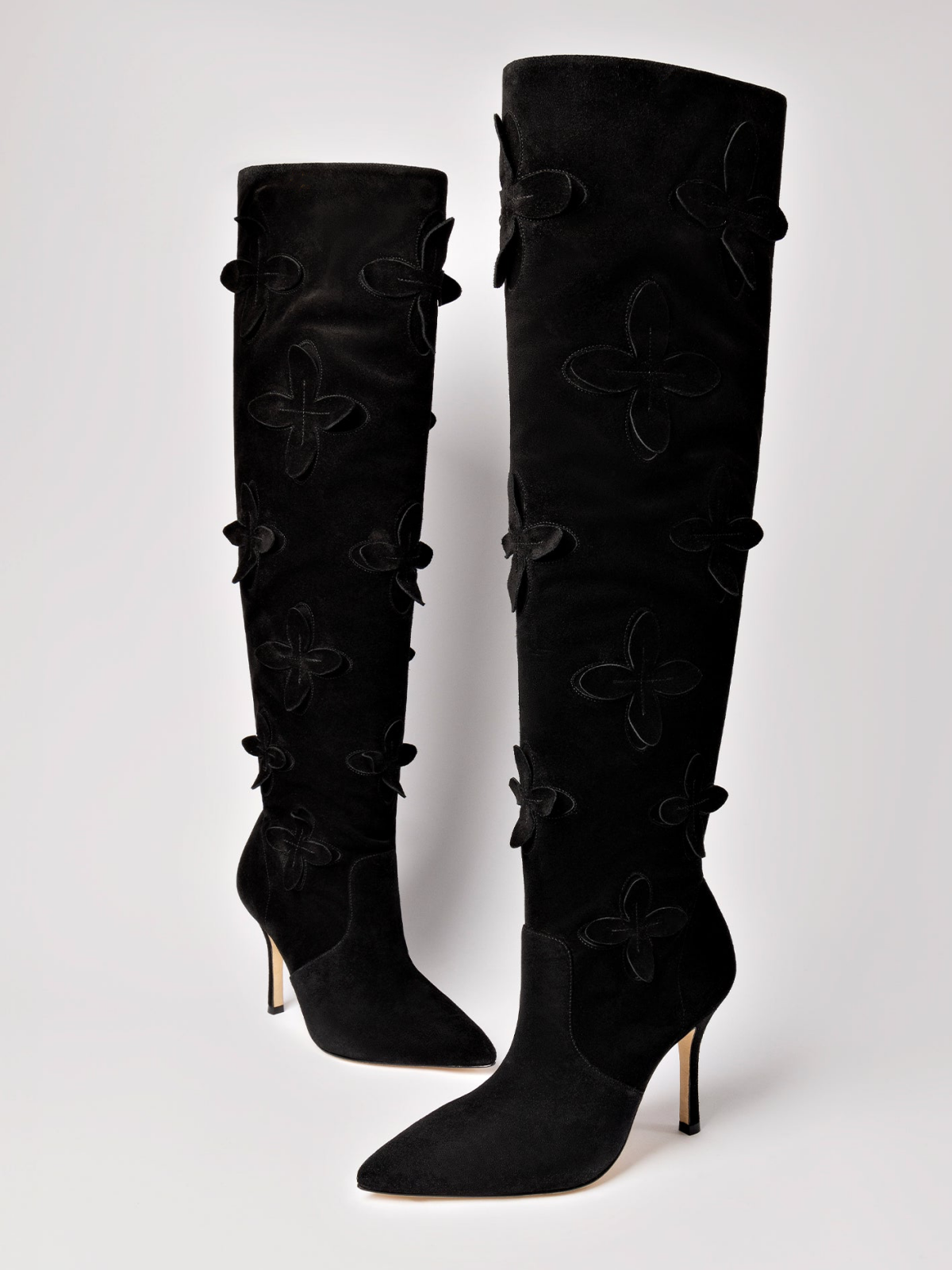 Black Faux Suede Pointed-Toe Floral Applique Wide Calf Over-The-Knee Tall Stiletto Boots