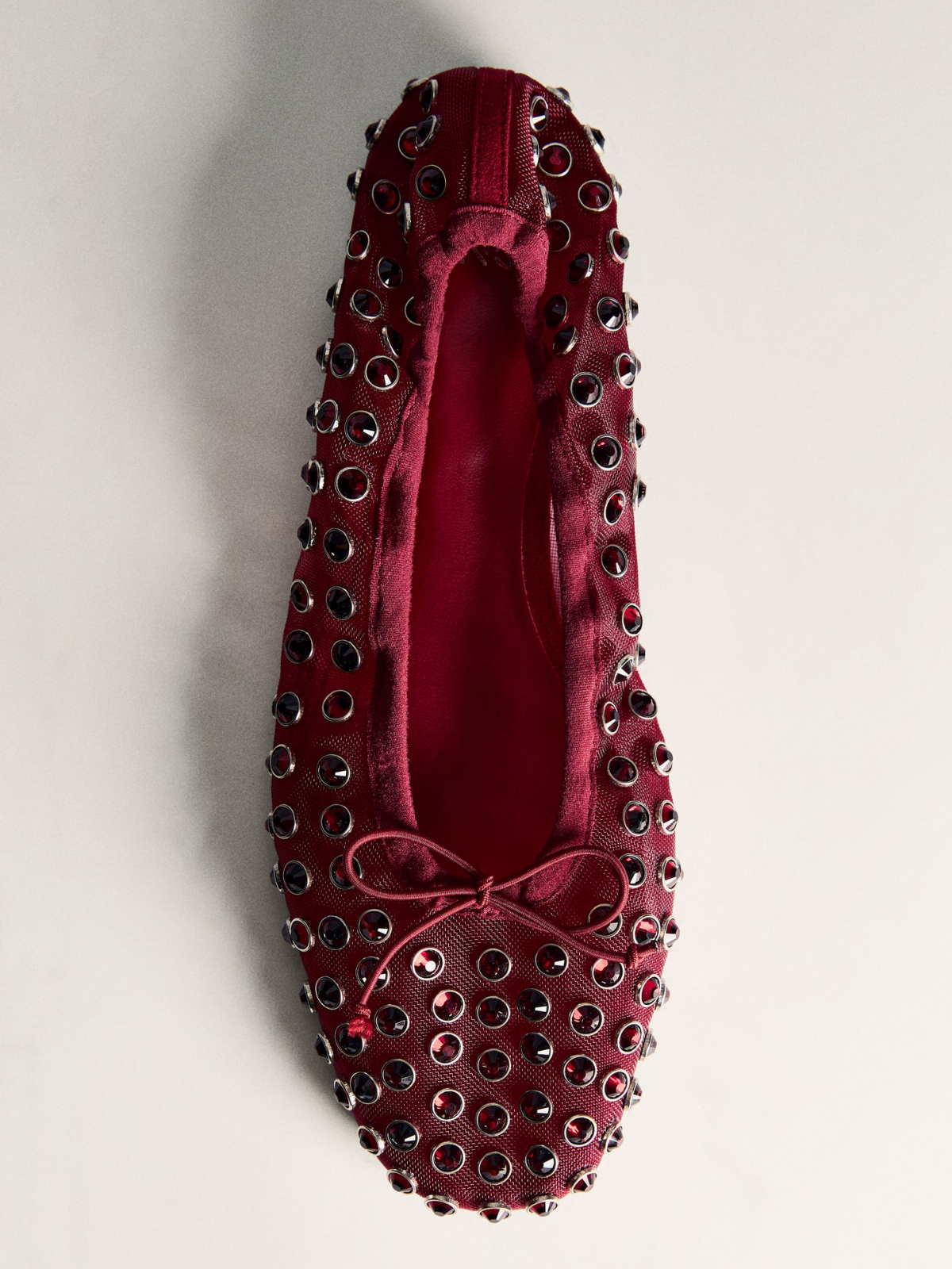 Burgundy Faux Suede Round-Toe Mesh Studded Ballet Flats