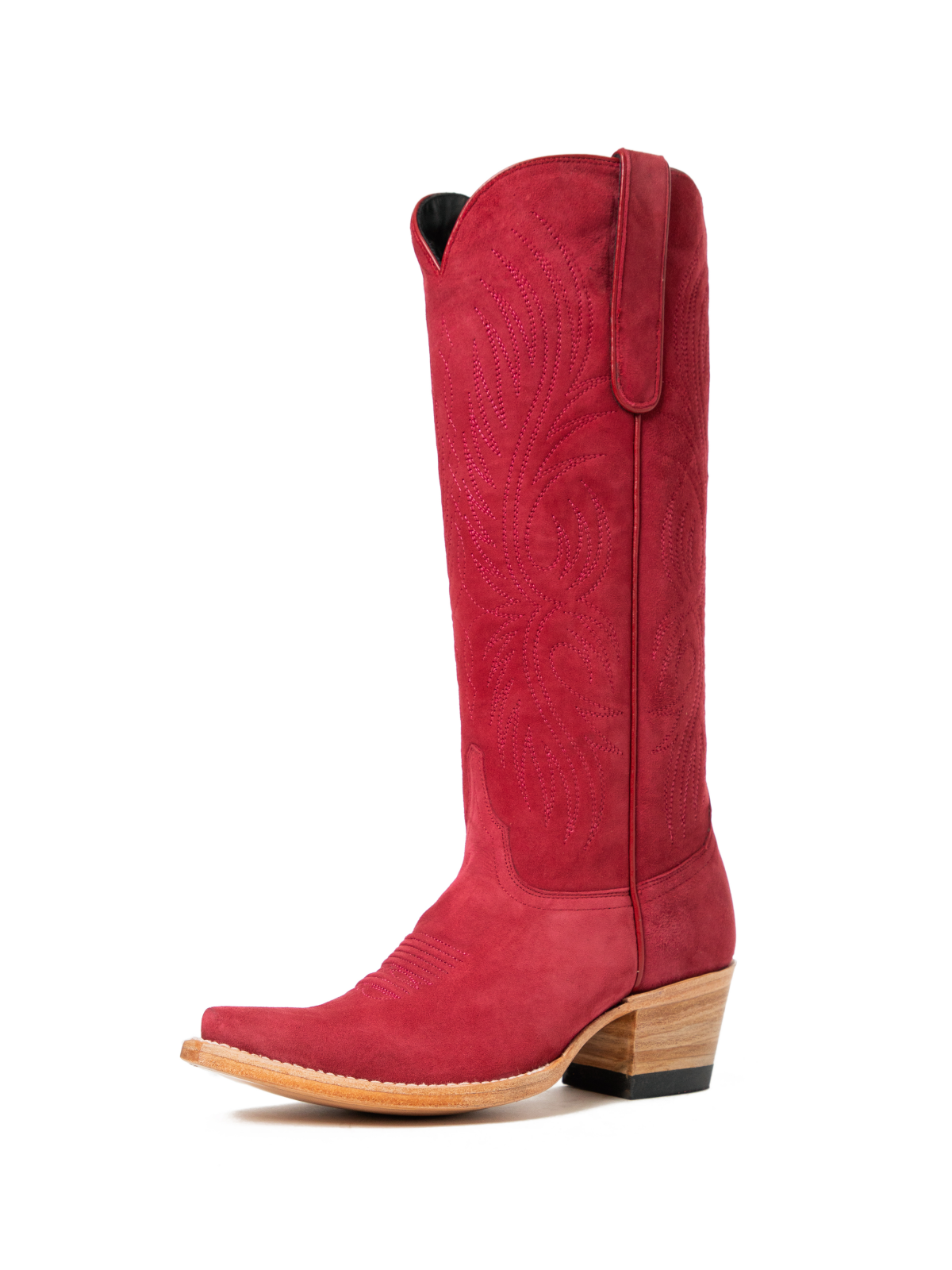 Red Faux Suede Embroidery Snip-Toe Wide Mid Calf Cowboy Tall Boots For Women