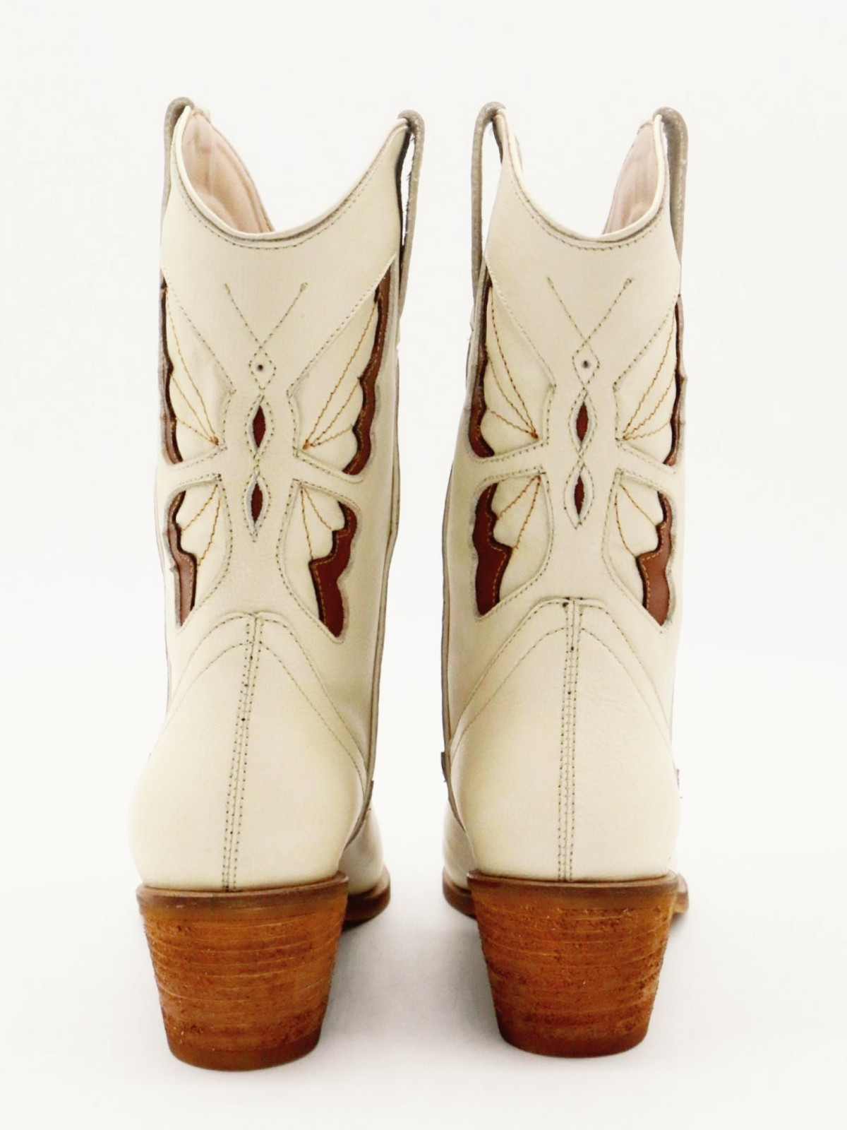 Ivory Snip-Toe Tan Butterfly Inlay Wide Mid Calf Cowgirl Boots