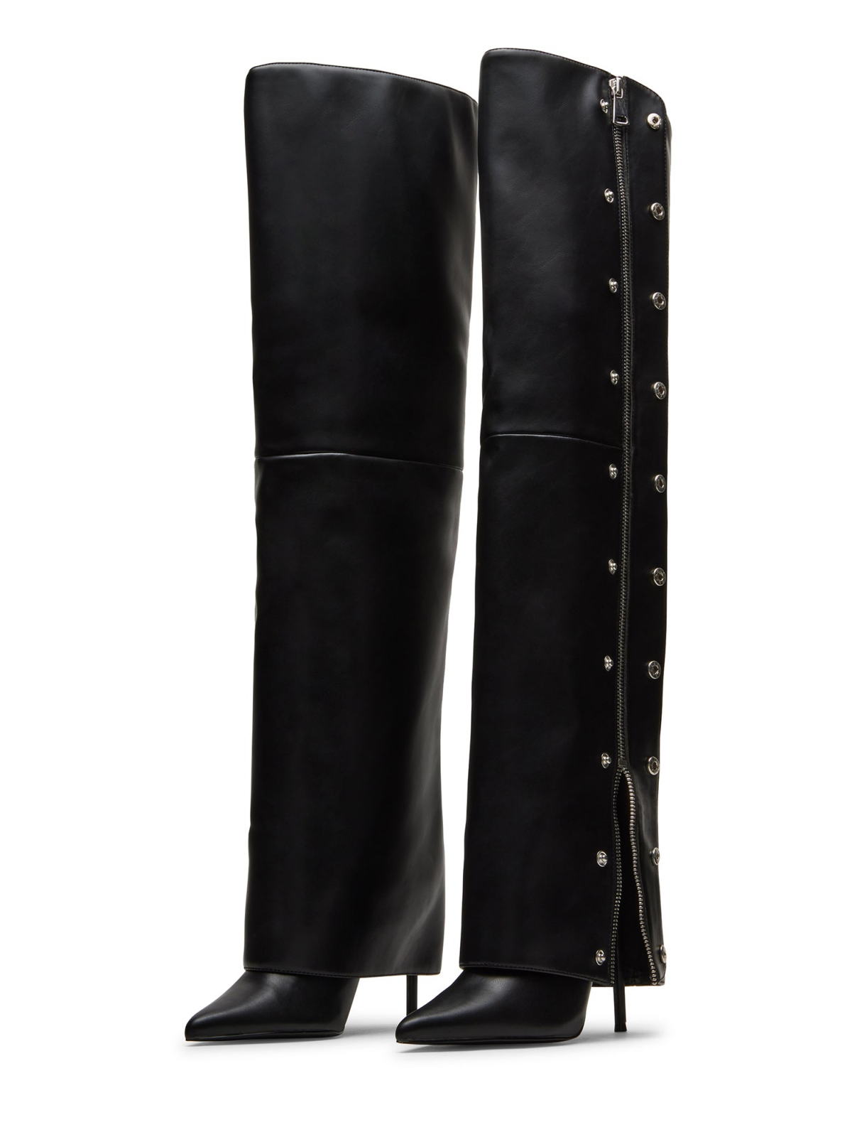 Black Pointed-Toe Studded Fold-Over Full-Zip Over-The-Knee Stiletto Boots