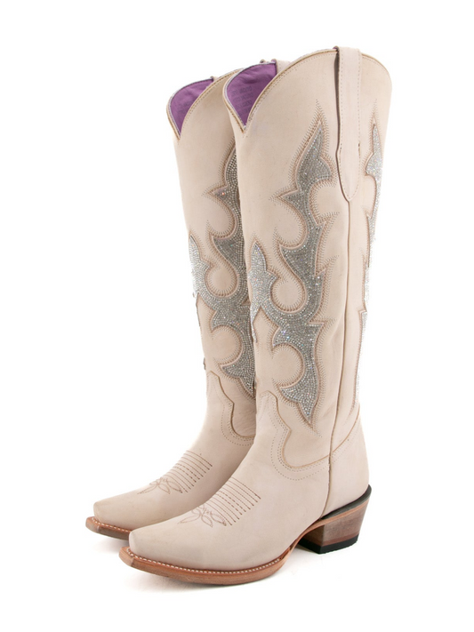 Bone Rhinestone Embroidery Snip-Toe Half-Zip Knee High Tall Cowgirl Boots