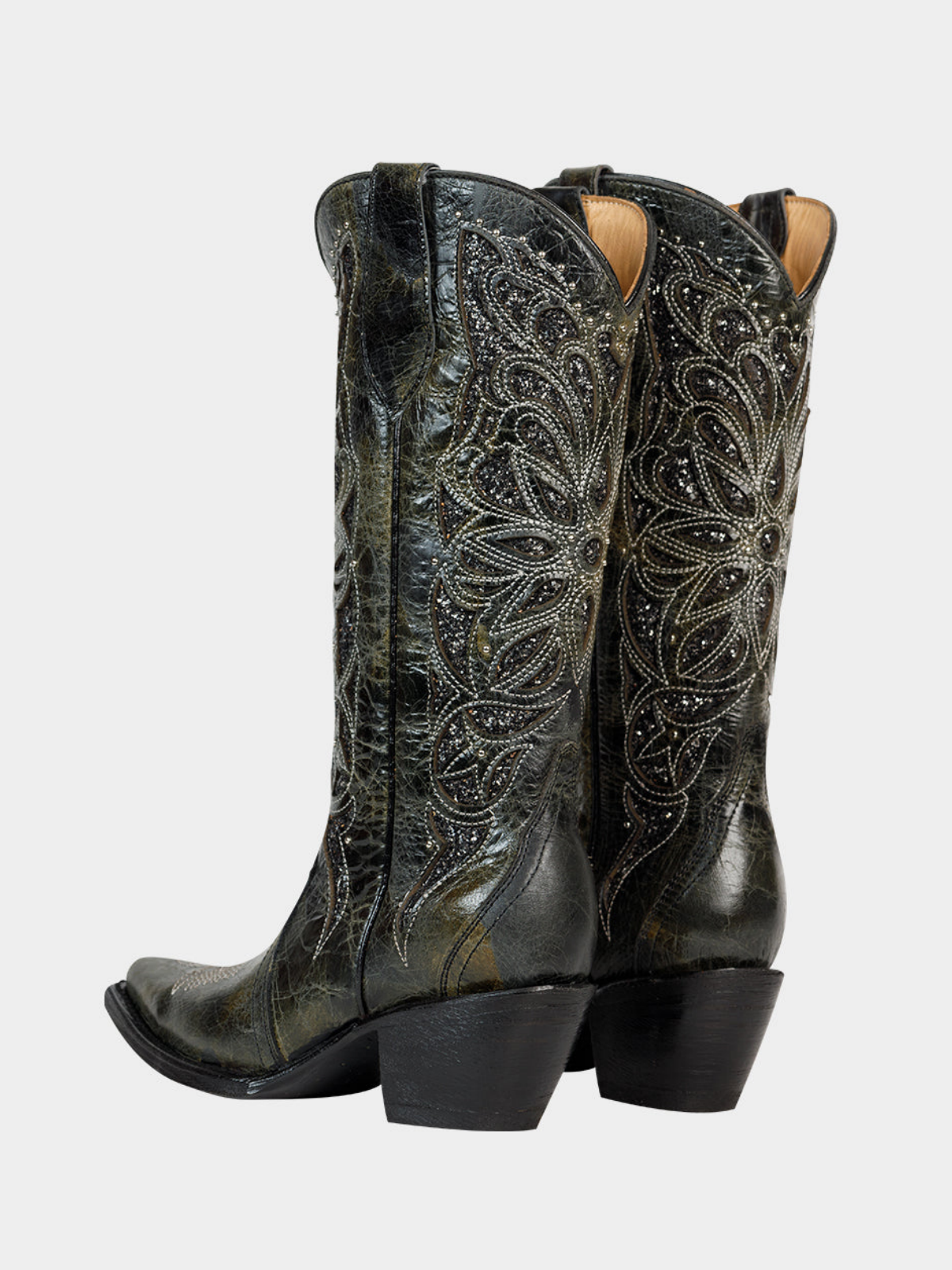 Distressed Black Snip-Toe Studded Embroidery Glitter Inlay Wide Mid Calf Tall Cowgirl Boots