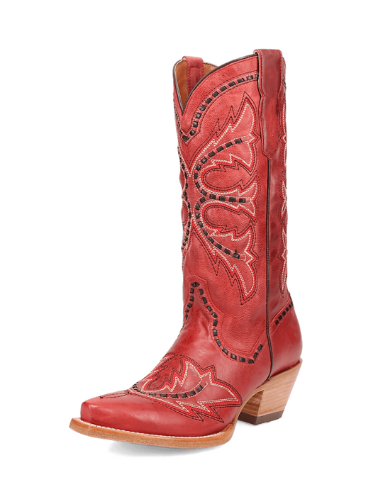 Red Snip-Toe Embroidery And Running Stitch Wide Mid Calf Cowgirl Boots