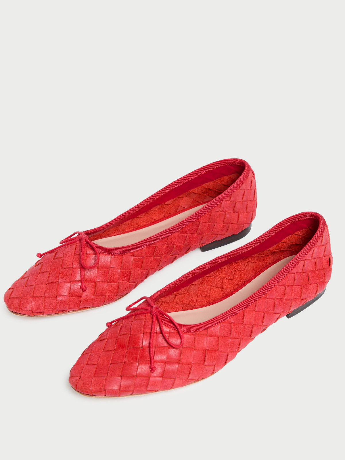 Red Almond-Toe Bow Woven Ballet Flats