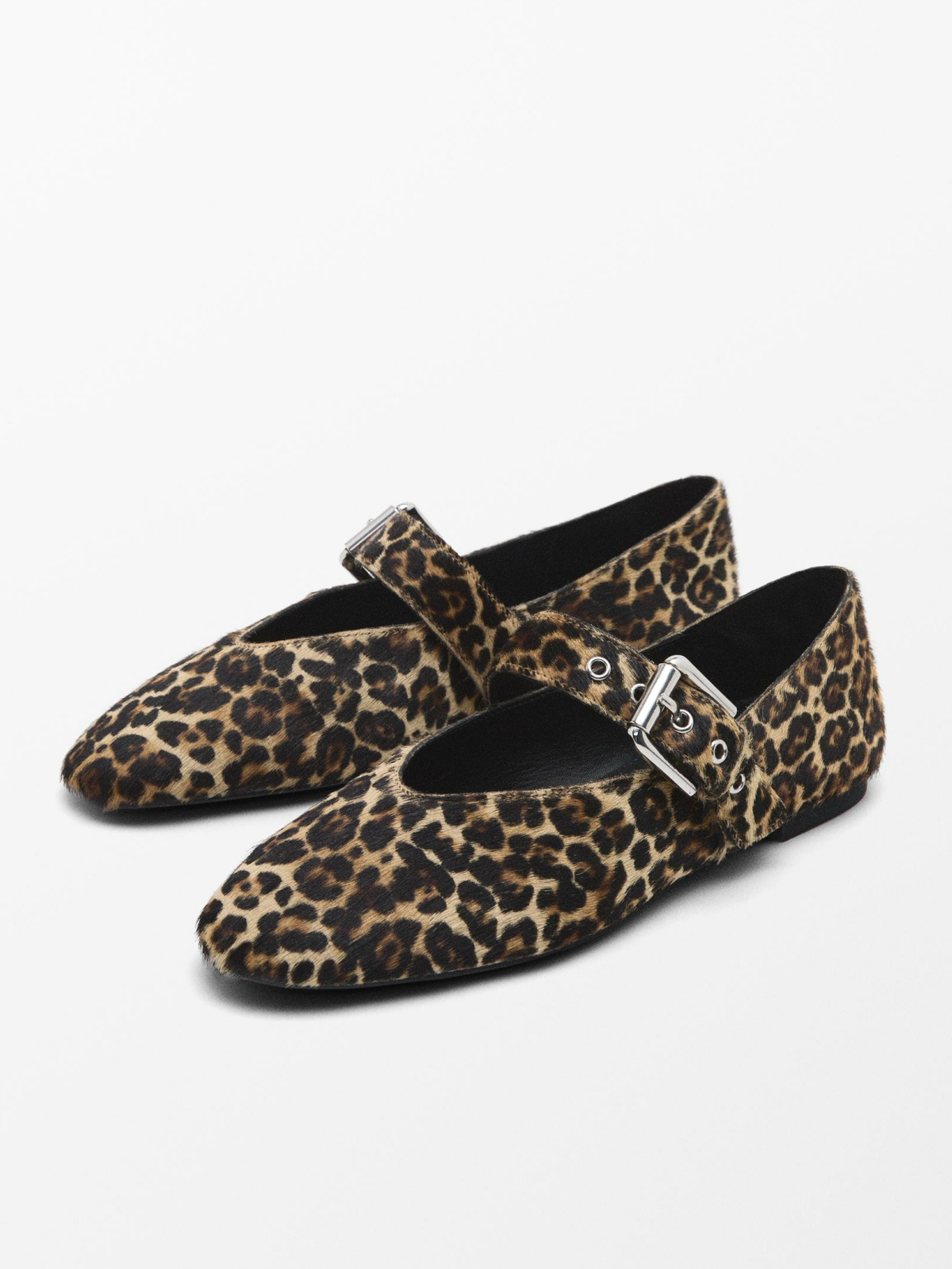 Leopard Faux Fur Square-Toe Bridge Strap Side Buckle Mary Janes Ballet Flats