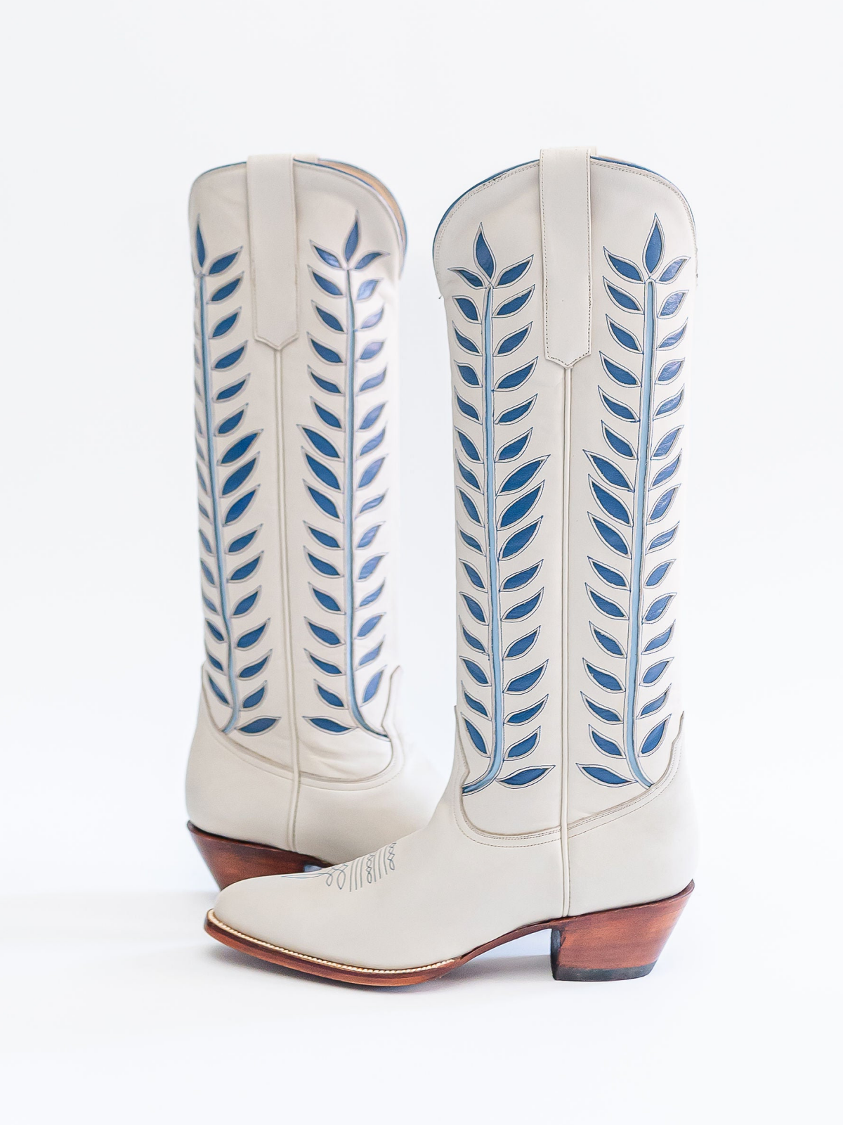 Almond-Toe Blue Leaves Inlay Wide Calf Tall Knee High Cowgirl Boots - Ivory