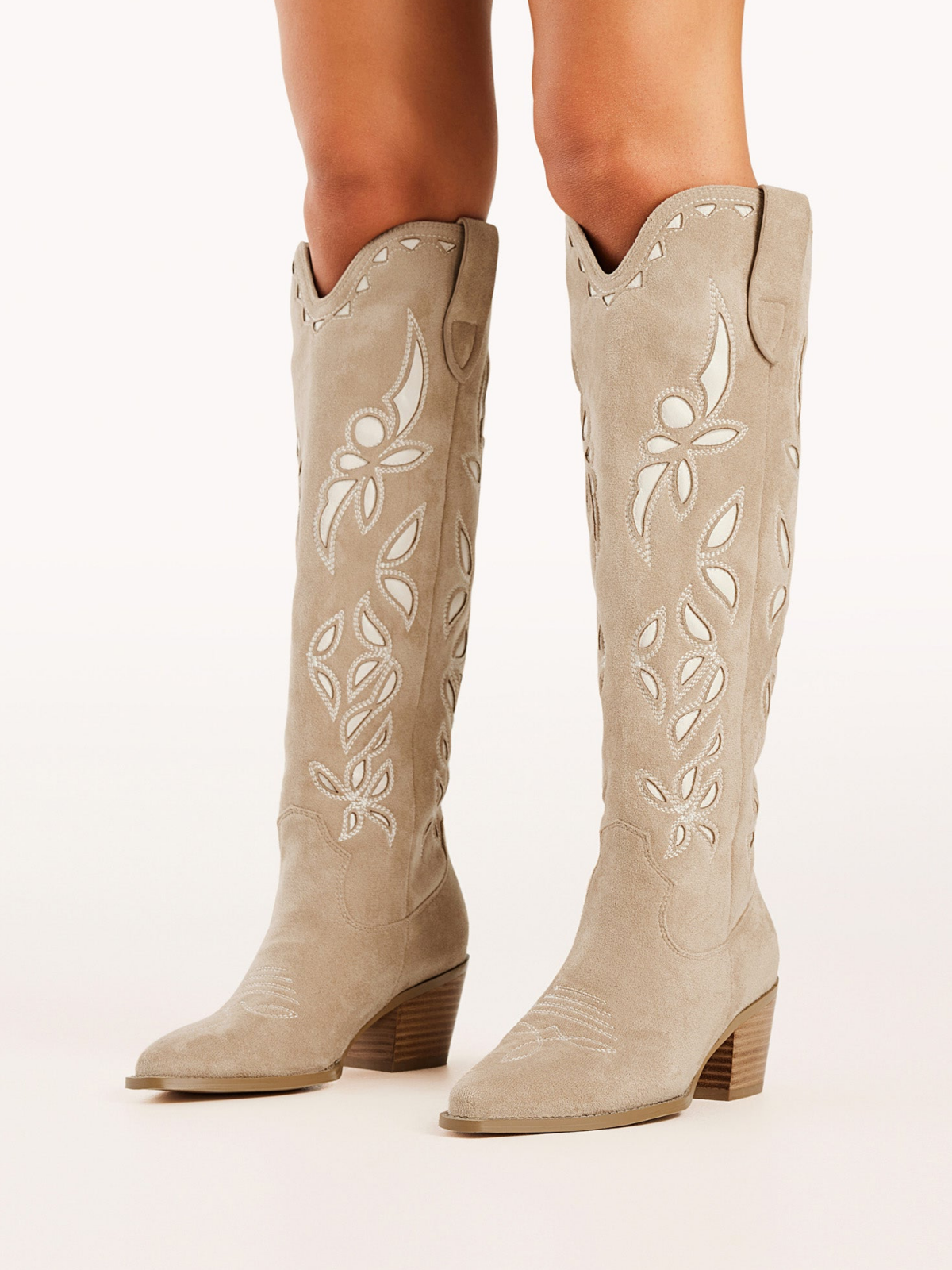 Taupe Faux Suede Snip-Toe Embroidery And Inlay Wide Calf Tall Knee High Cowgirl Boots