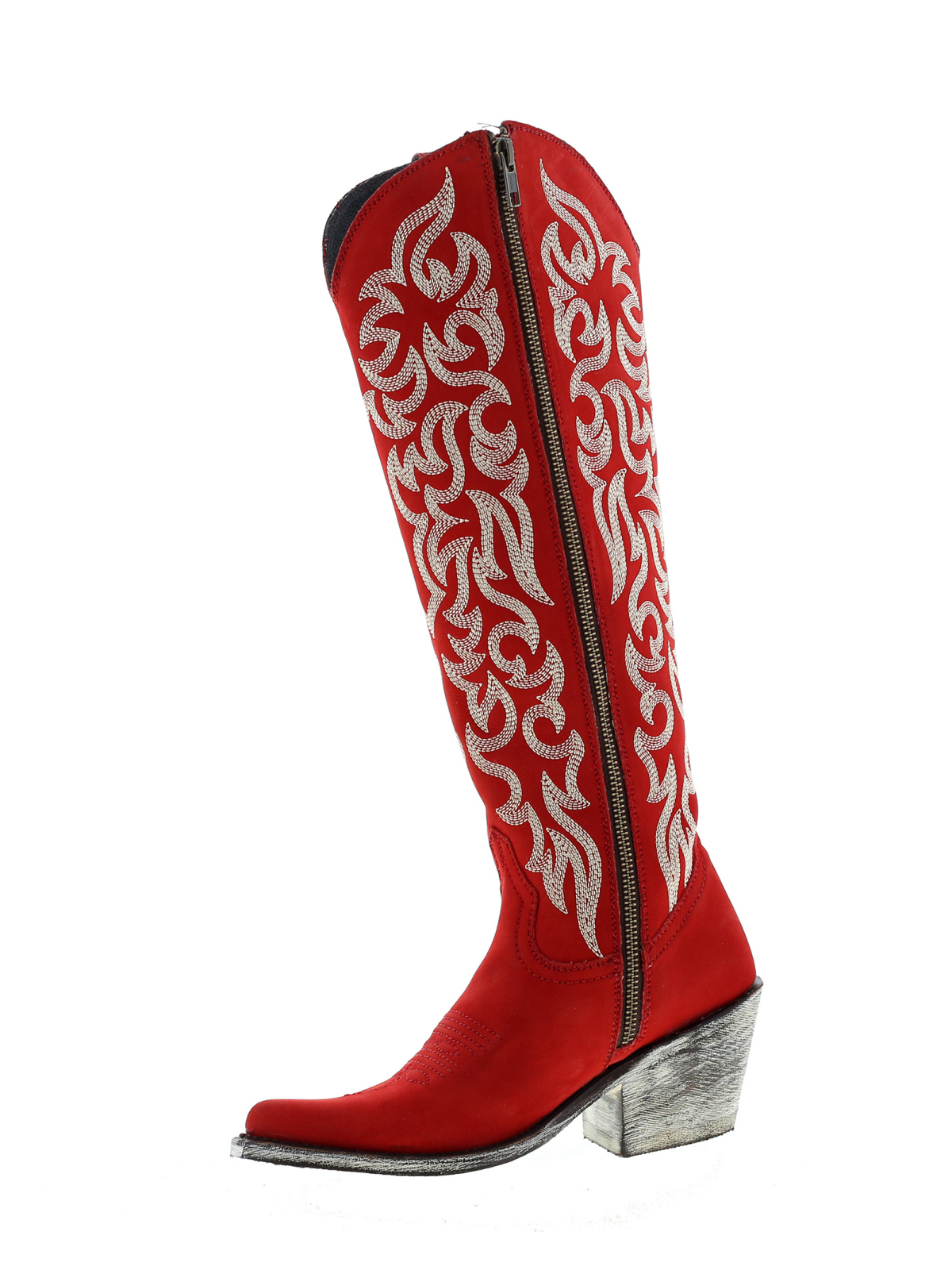 Embroidery Almond-Toe Full-Zip Knee High Tall Cowgirl Boots - Red