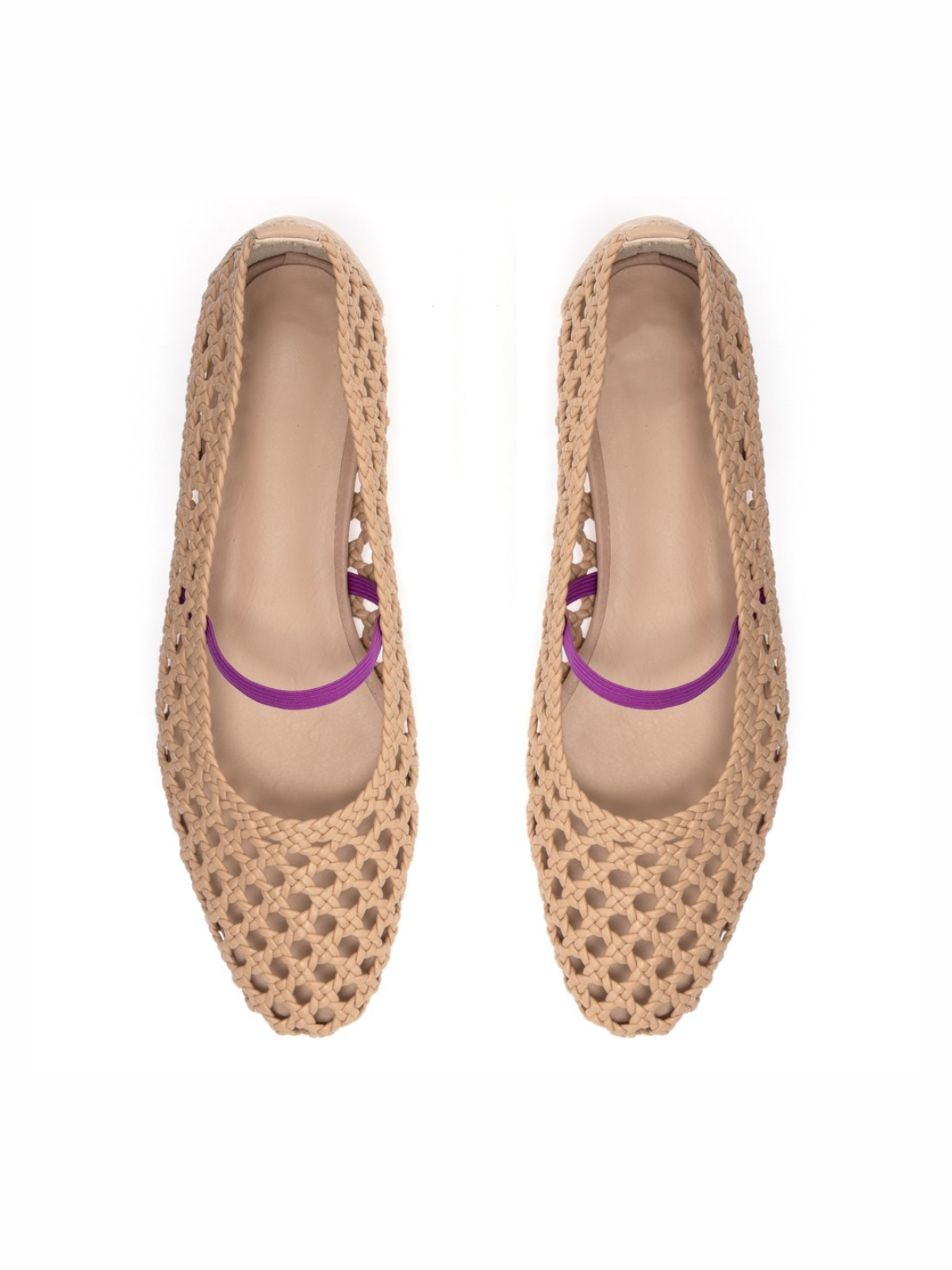 Woven Hollow-Out Square-Toe Ballet Flats Mary Janes In Beige