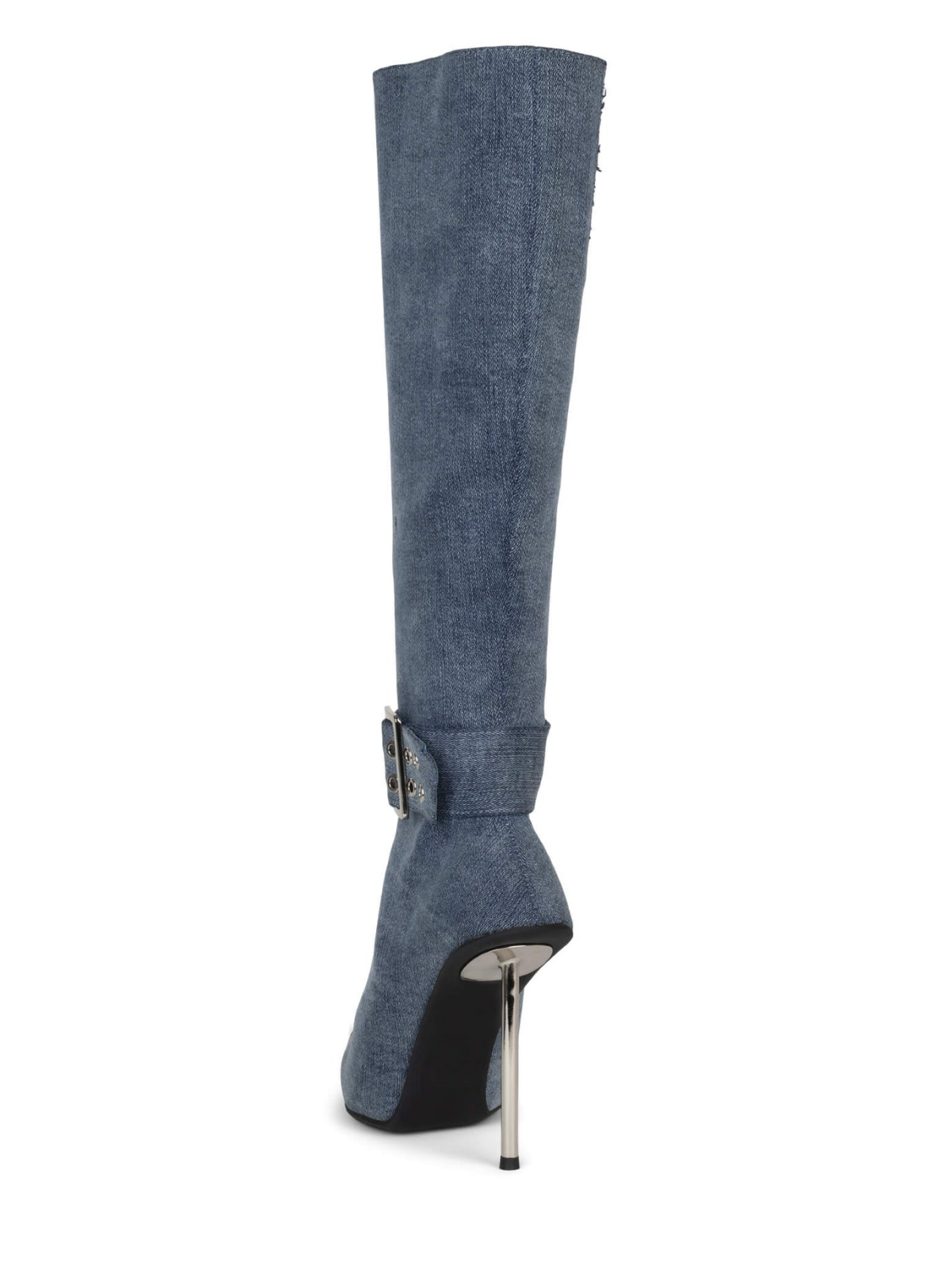 Blue Denim Pointed-Toe Silver Toe Full-Zip Tall Knee High Stiletto Boots With Buckle