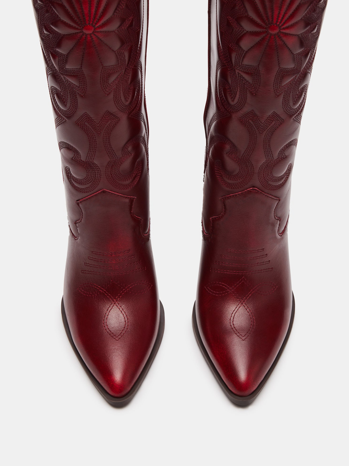 Wine Red Embroidery Pointed-Toe Tall Wide Calf Knee High Cowgirl Boots