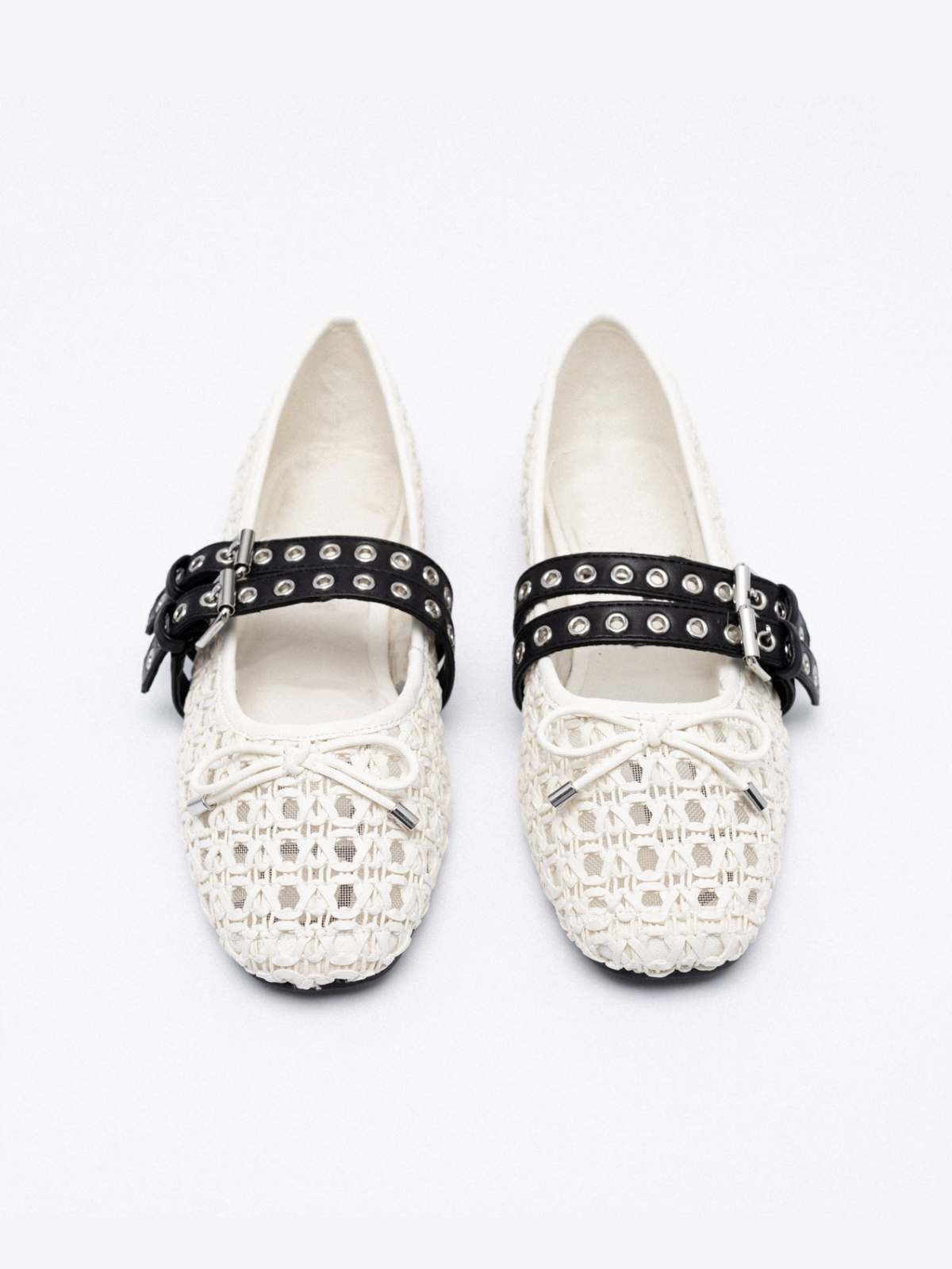 White Raffia Woven Bow Ballet Flats Mary Janes With Grommet Buckled Straps