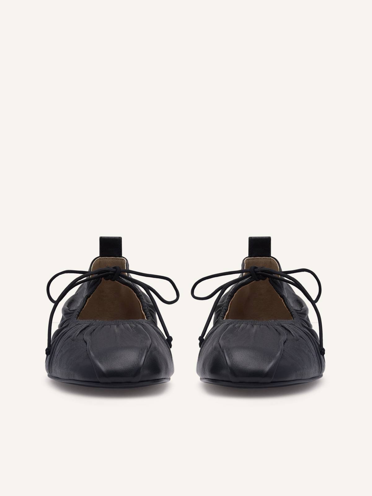 Black Tied Bow Shirring Round Toe Ballet Flats