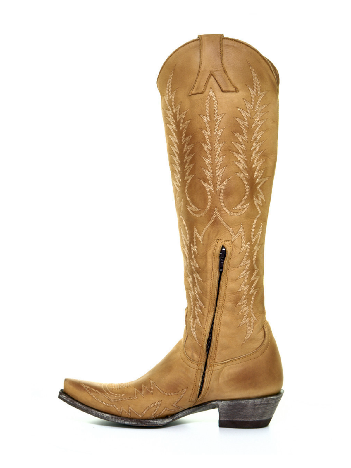 Tan Half-Zip Snip-Toe Embroidery Tall Knee High Cowgirl Boots