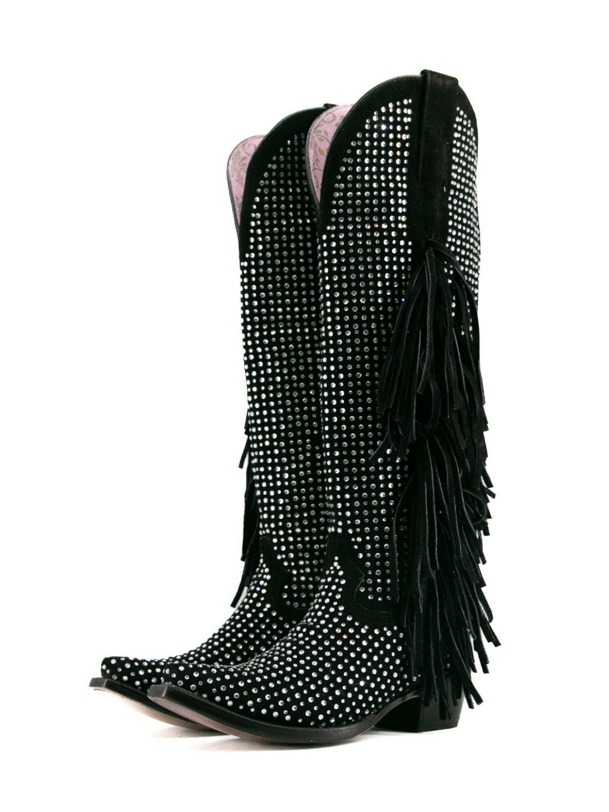 Black Faux Suede Snip-Toe Half-Zip Fringe Rhinestone Knee High Tall Cowgirl Boots