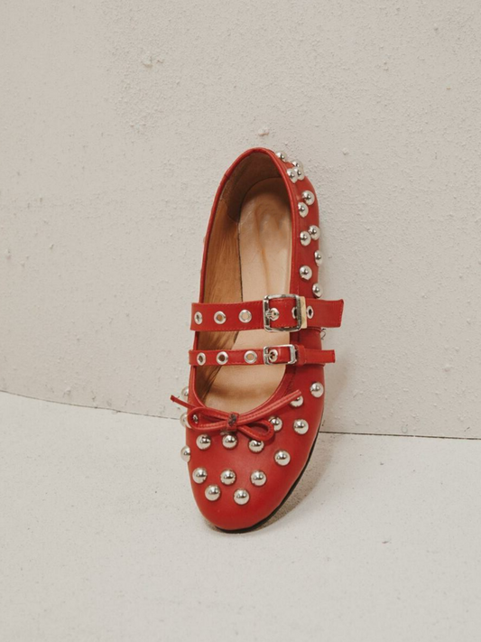 Red Bow Stud Ballet Flats Mary Janes With Grommet Eyelet Buckled Strap