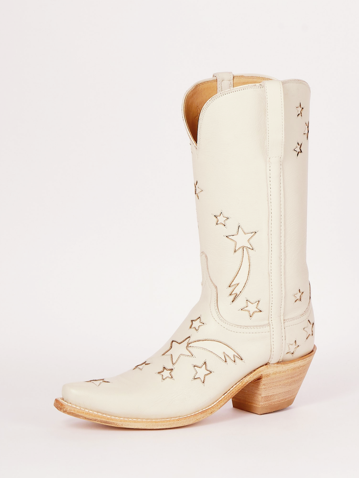 Cream Snip-Toe Wide Mid Calf Western Boots Cowgirl Tall Boots With Star Inlay