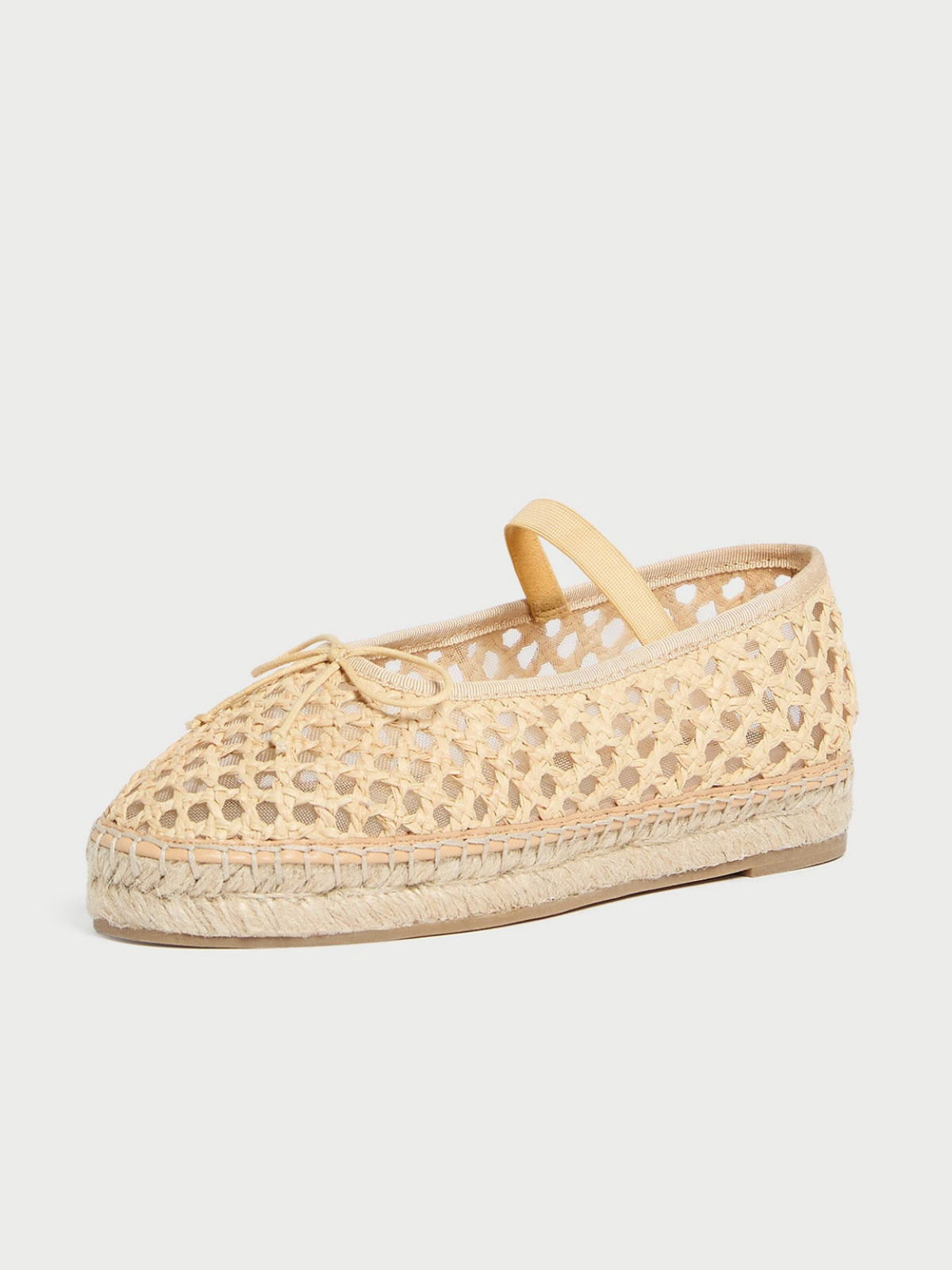 Beige Almond-Toe Elastic Bridge Strap Mesh Bow Espadrille Ballet Flats