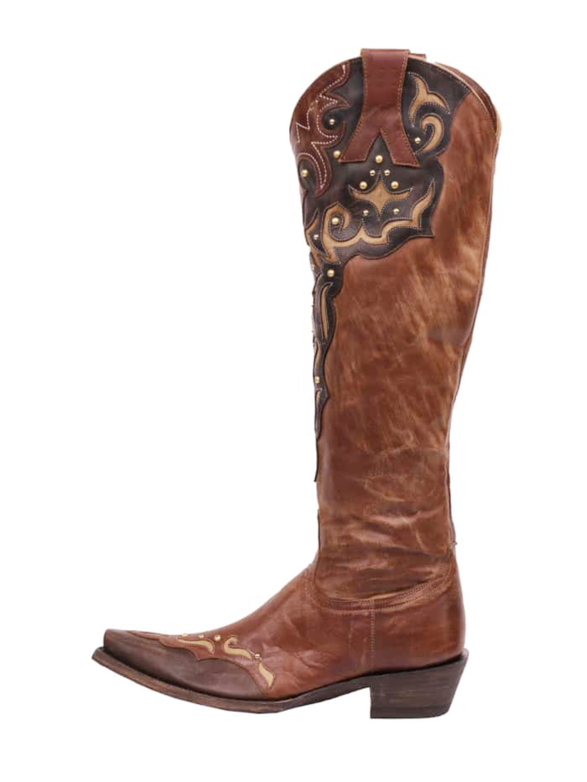 Brown Snip-Toe Half-Zip Embroidery Studded Inlay Applique Tall Knee High Cowgirl Boots