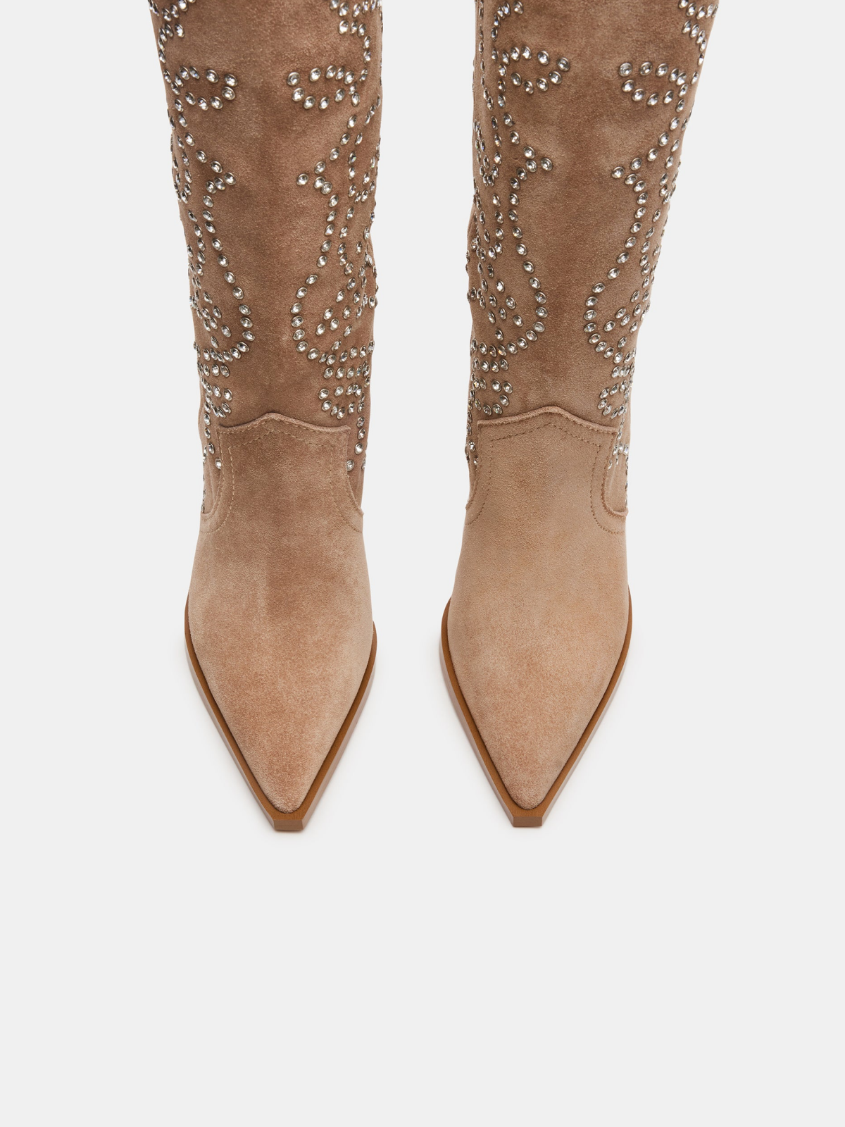 Tan Faux Suede Pointed-Toe Studded Embroidery Wide Mid Calf Stiletto Boots