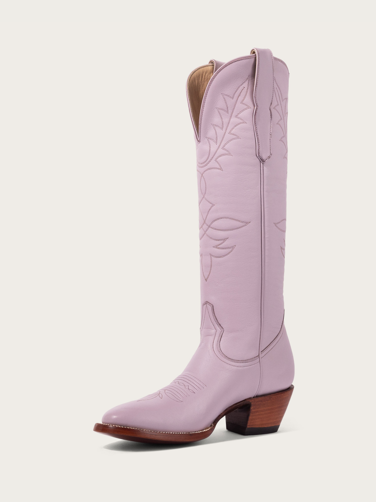 Lavender Vegan Leather Embroidery Almond-Toe Wide Mid Calf Tall Cowgirl Boots