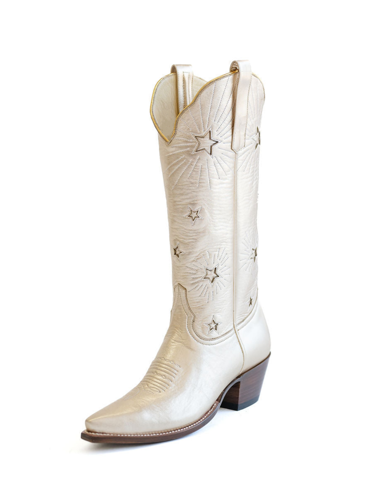 Metallic Gold Snip-Toe Wide Mid Calf Cowgirl Boots With Stars Inlay