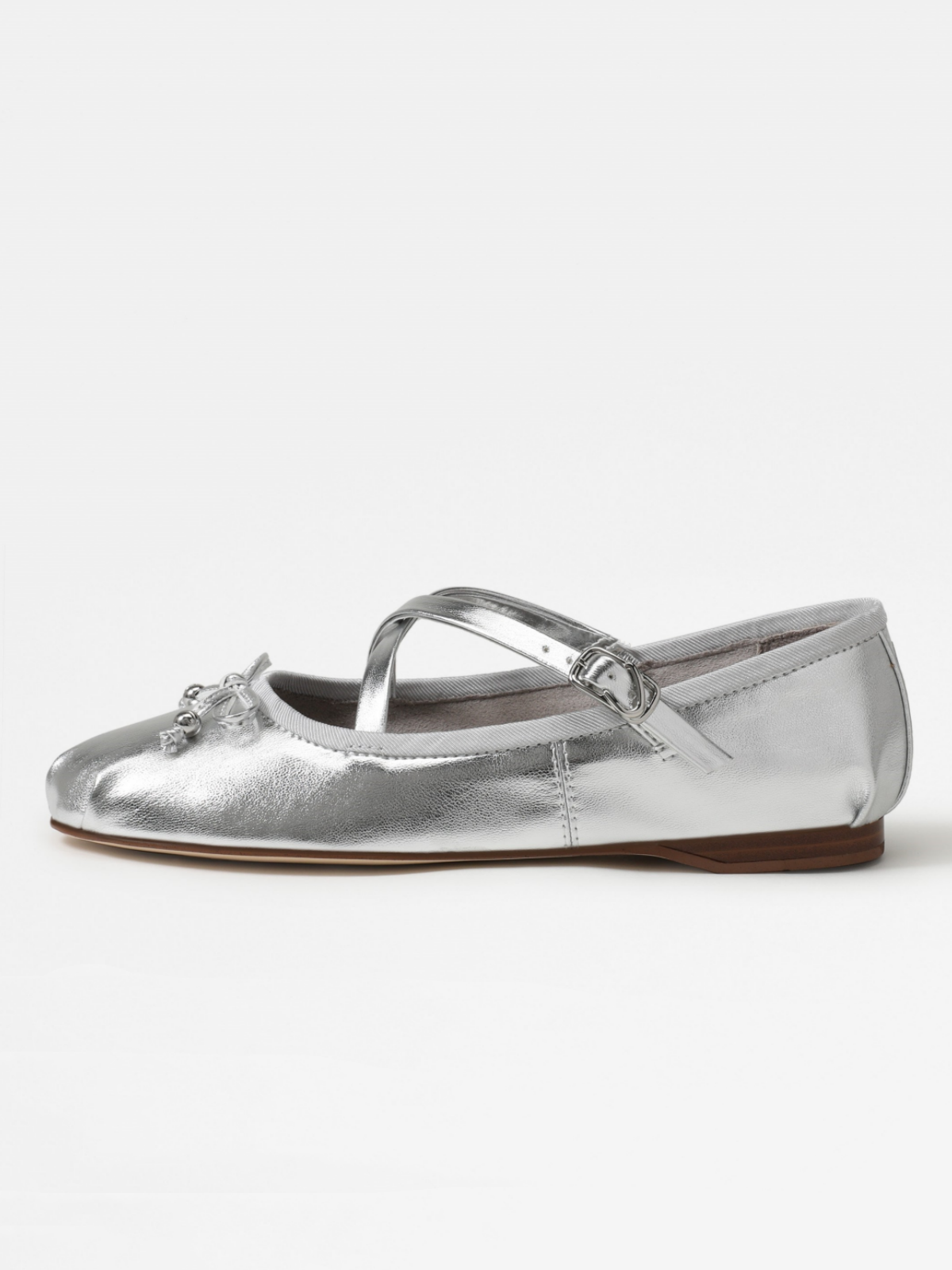 Metallic Silver Bow Ballerina Flats With Crossed Buckled Strap