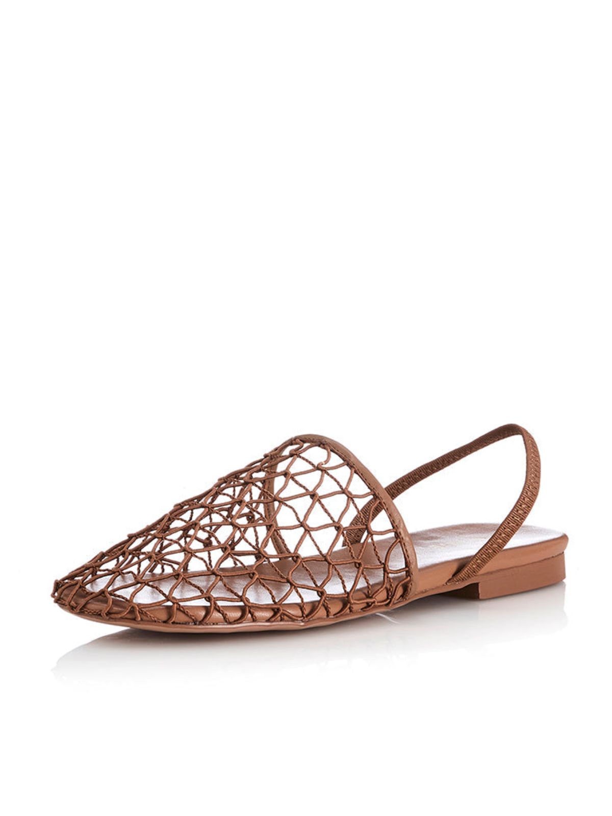 Pecan Brown Netting Round Toe Flats Slingbacks With Back Strap