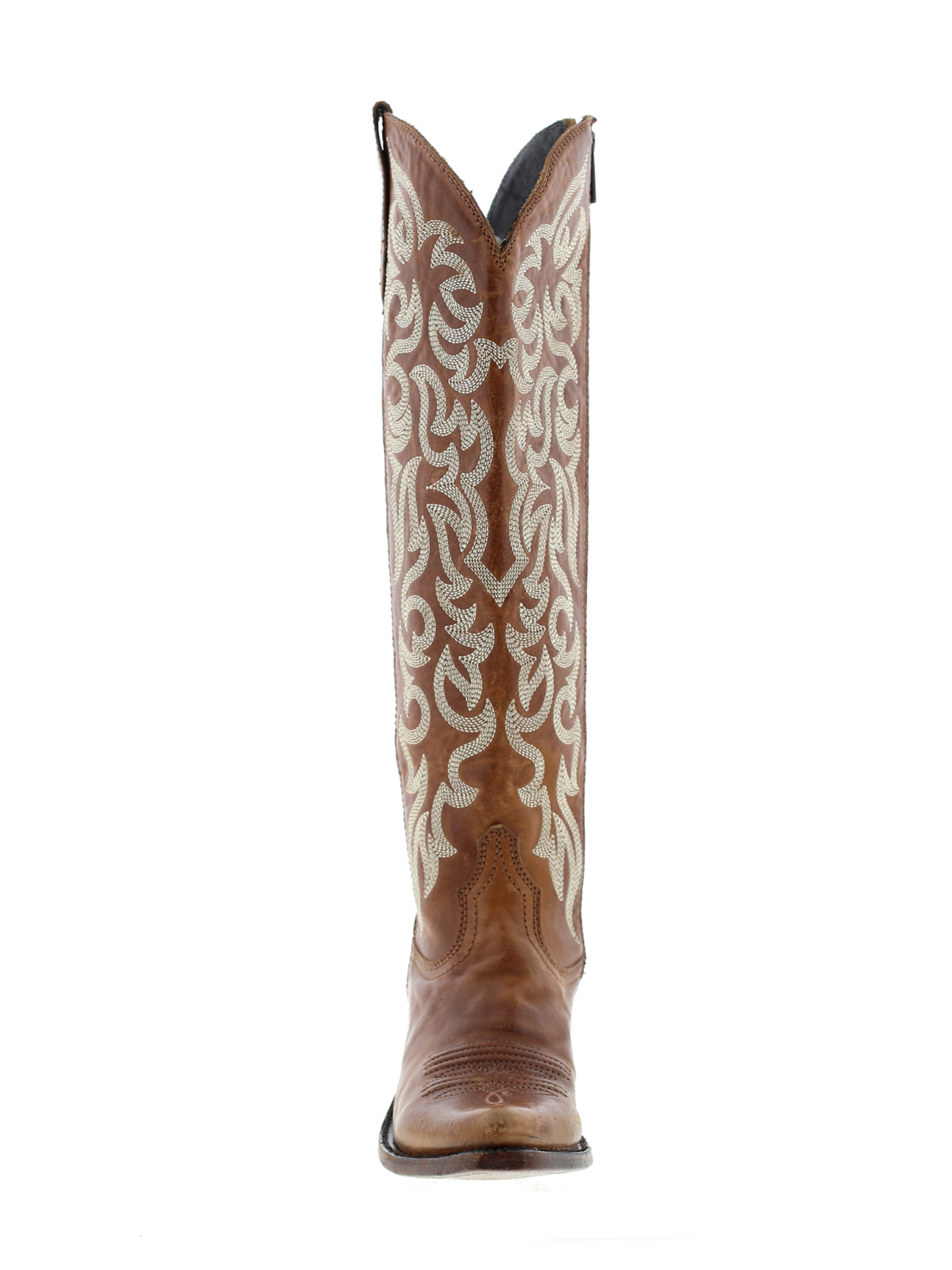 Embroidery Almond-Toe Full-Zip Knee High Tall Cowgirl Boots - Brown