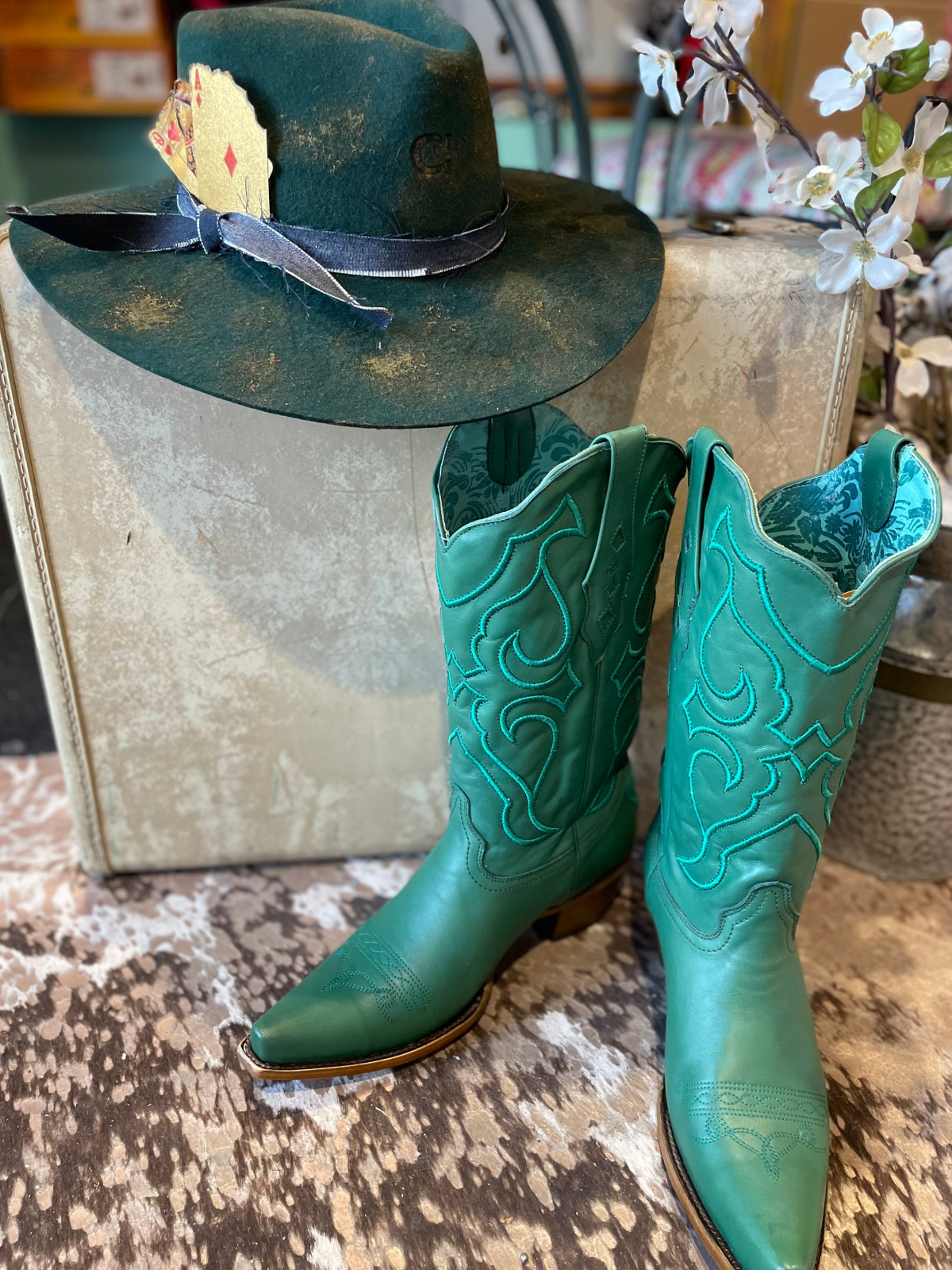 Green Embroidery Snip-Toe Wide Mid Calf Tall Western Boots For Women