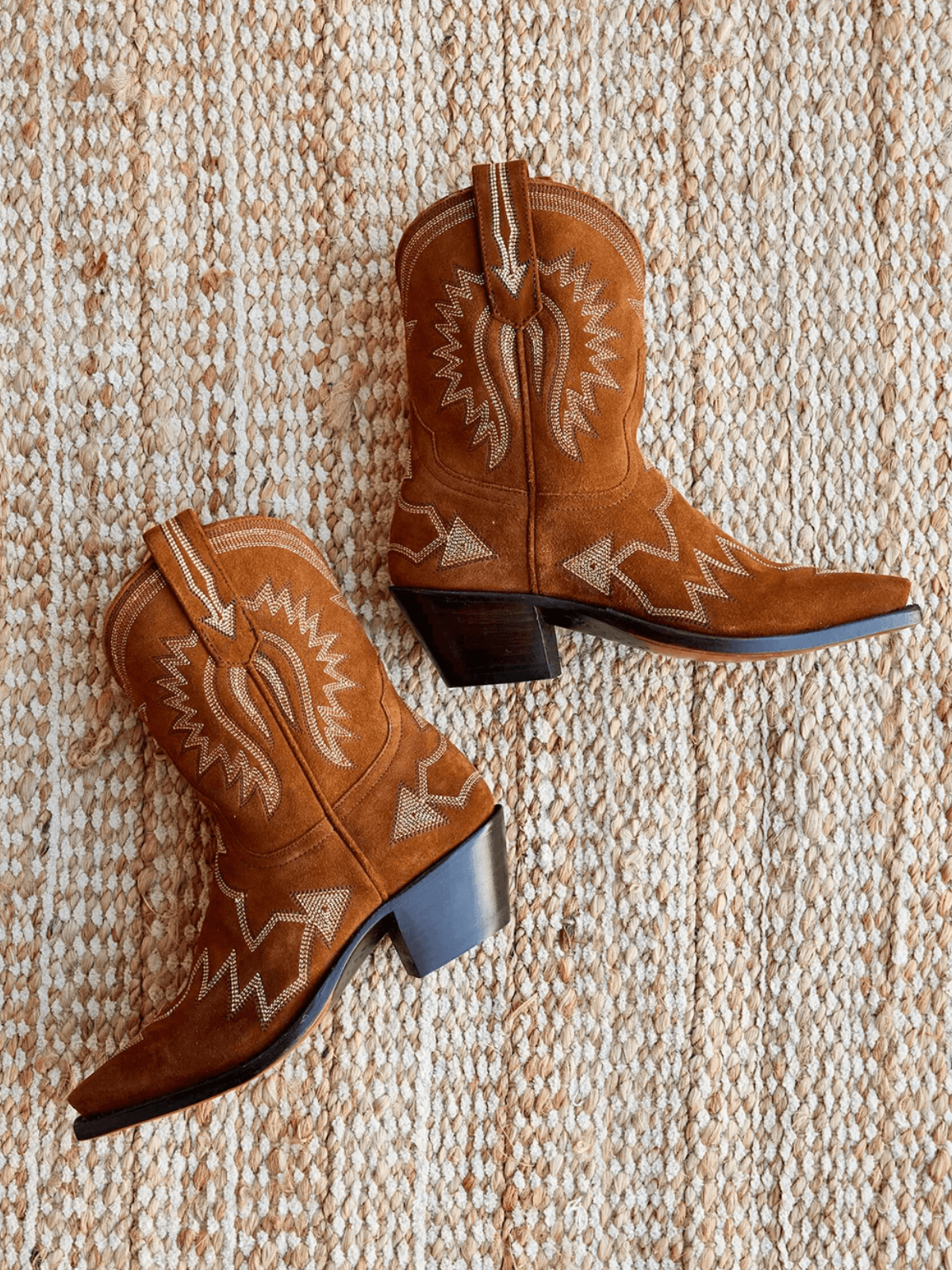 Jagged Embroidery Snip-Toe Wide Mid Calf Cowgirl Boots - Brown Faux Suede