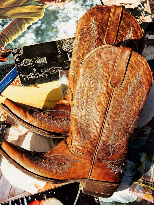 Distressed Brown Snip-Toe Studded Eagle Embroidery Wide Mid Calf Tall Cowgirl Boots