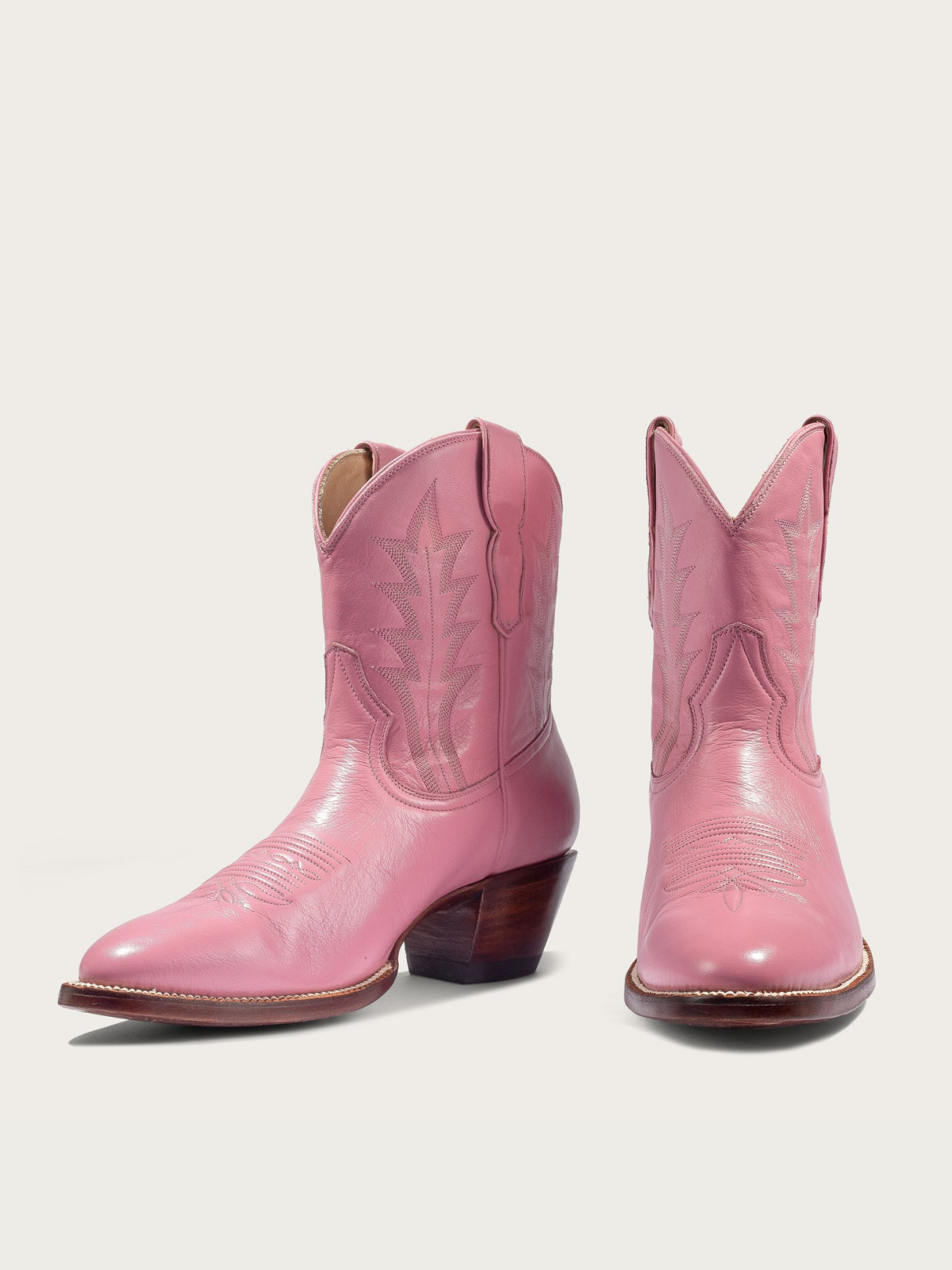 Pink Almond-Toe Embroidery Wide Mid Calf Western Boots For Women