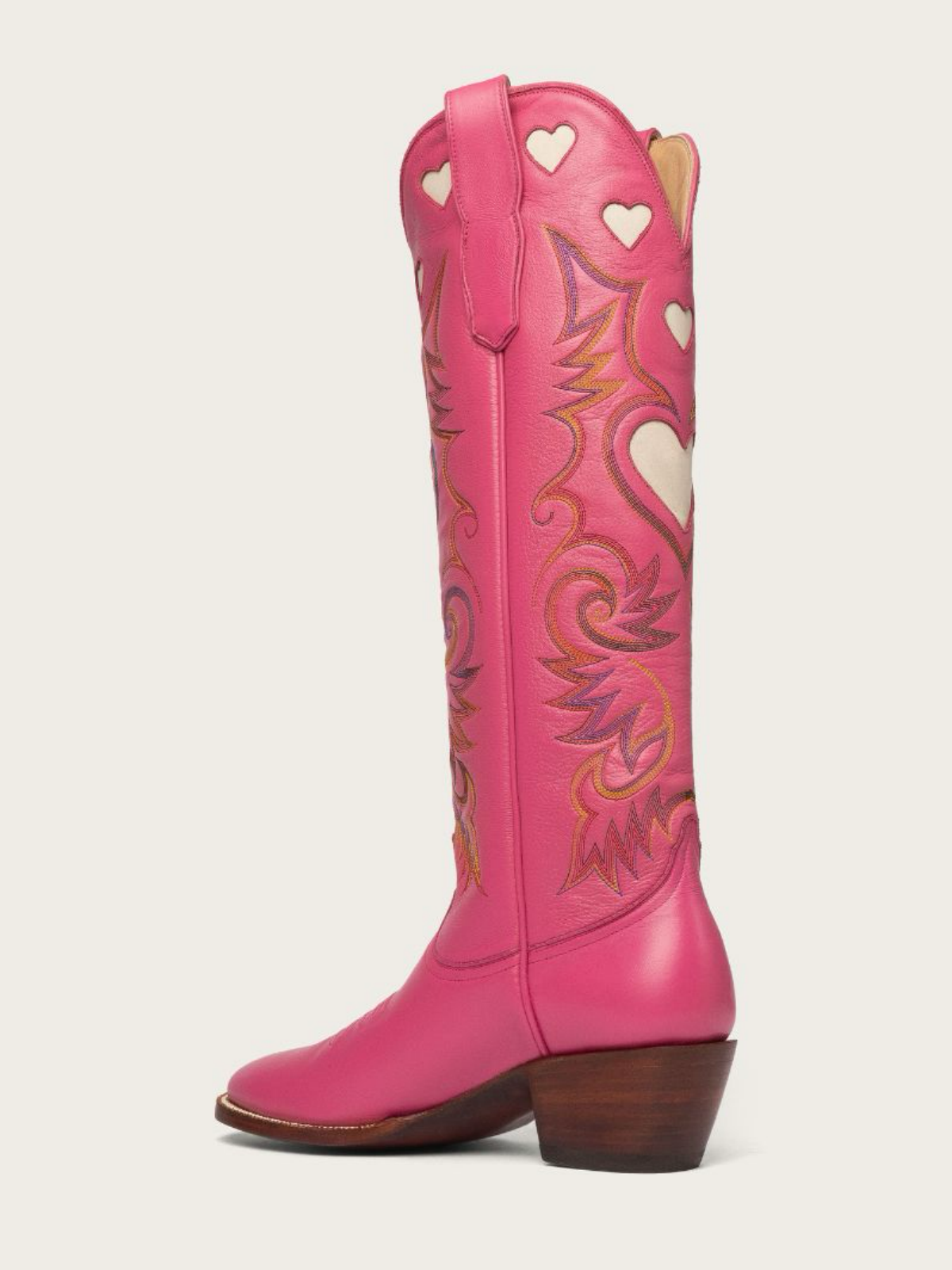 Ivory Heart Inlay Embroidery Almond-Toe Tall Wide Mid Calf Cowgirl Boots - Hot Pink