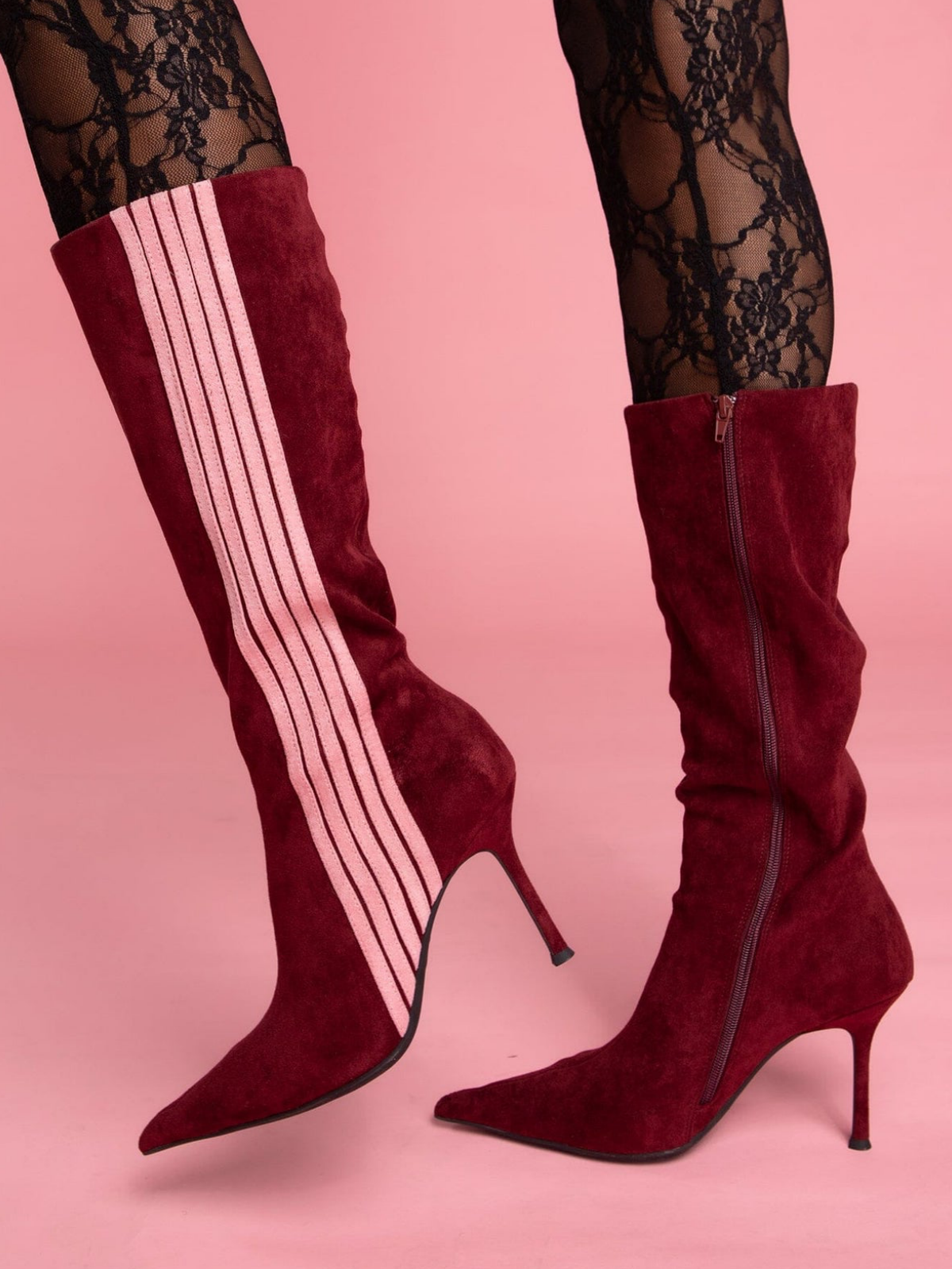 Wine Red Pointed-Toe Mid Calf Full-Zip Stiletto Boots With Contrasting Stripe