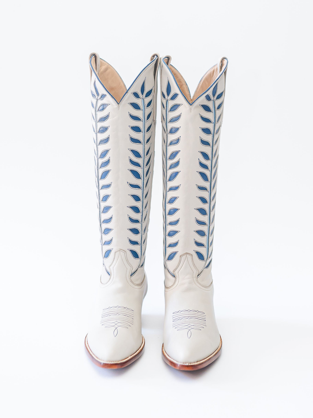 Almond-Toe Blue Leaves Inlay Wide Calf Tall Knee High Cowgirl Boots - Ivory