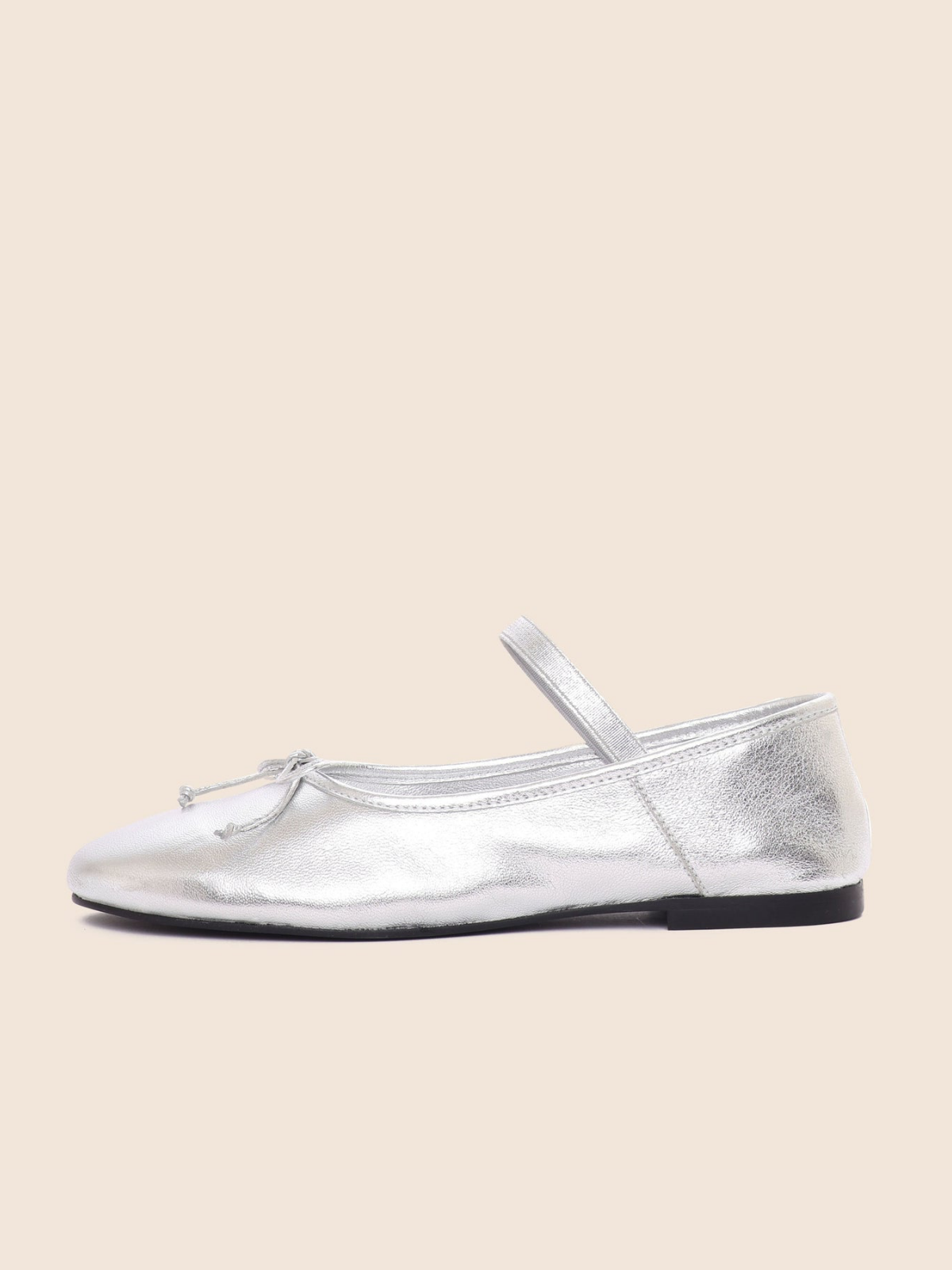 Metallic Silver Bow Ballet Flats Mary Janes With Elastic Band